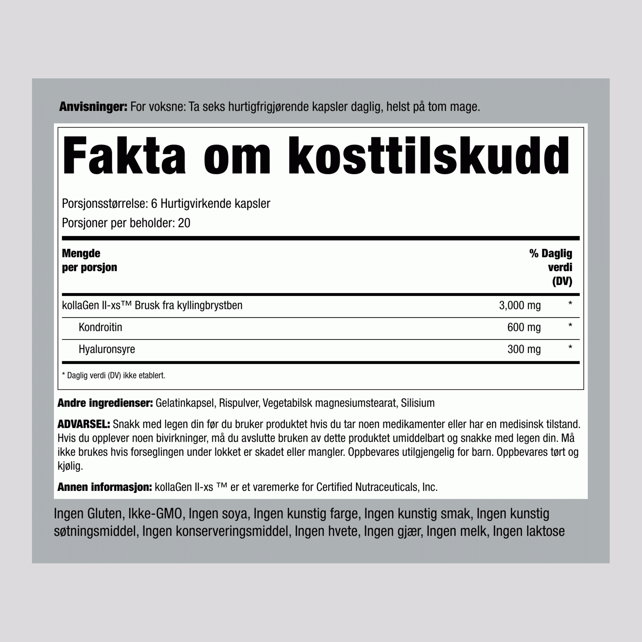 Kyllingkollagen Type II med hyaluronsyre 3000 mg (per dose) 120 Hurtigvirkende kapsler     