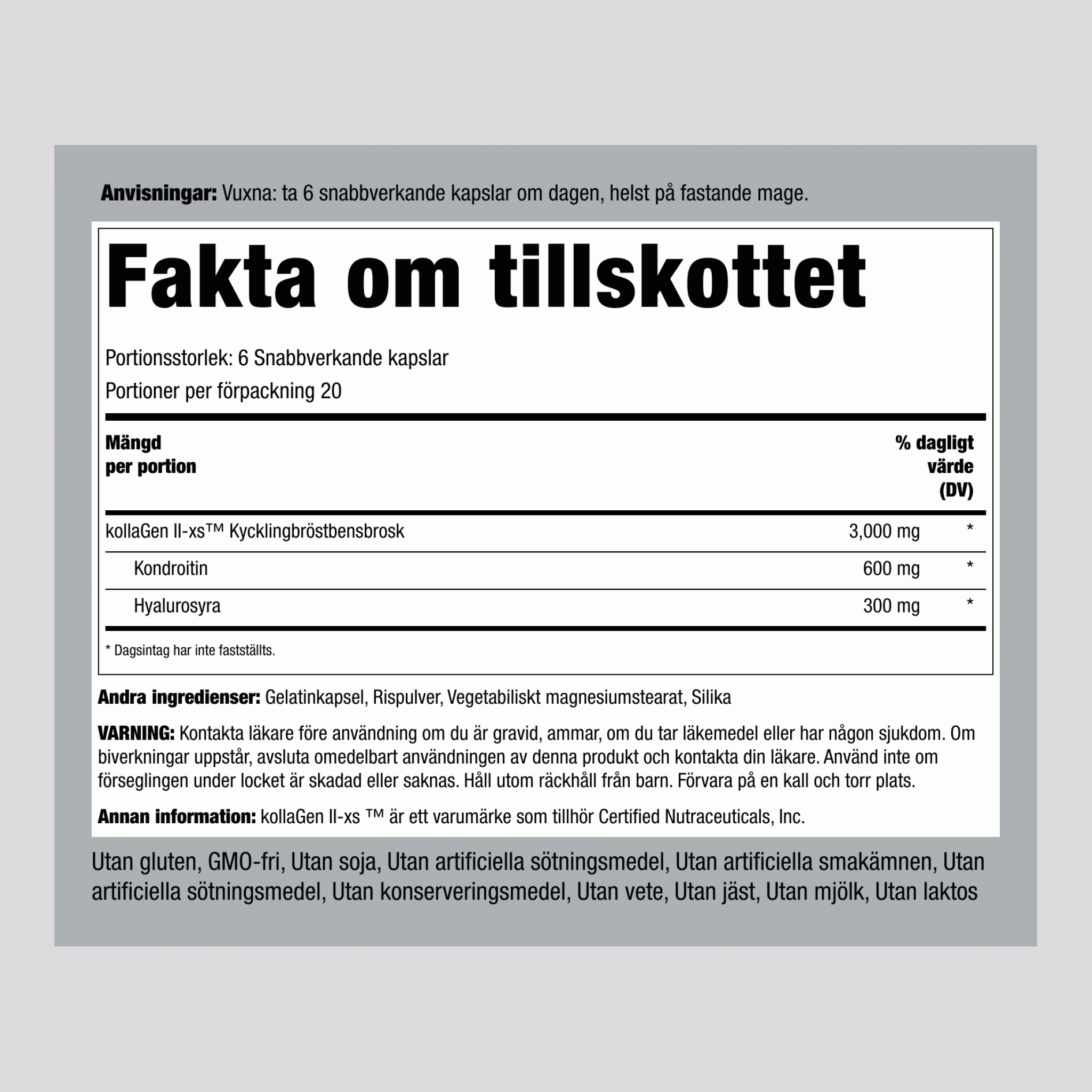 Kycklingkollagen Typ II med hyaluronsyra 3000 mg (per portion) 120 Snabbverkande kapslar     