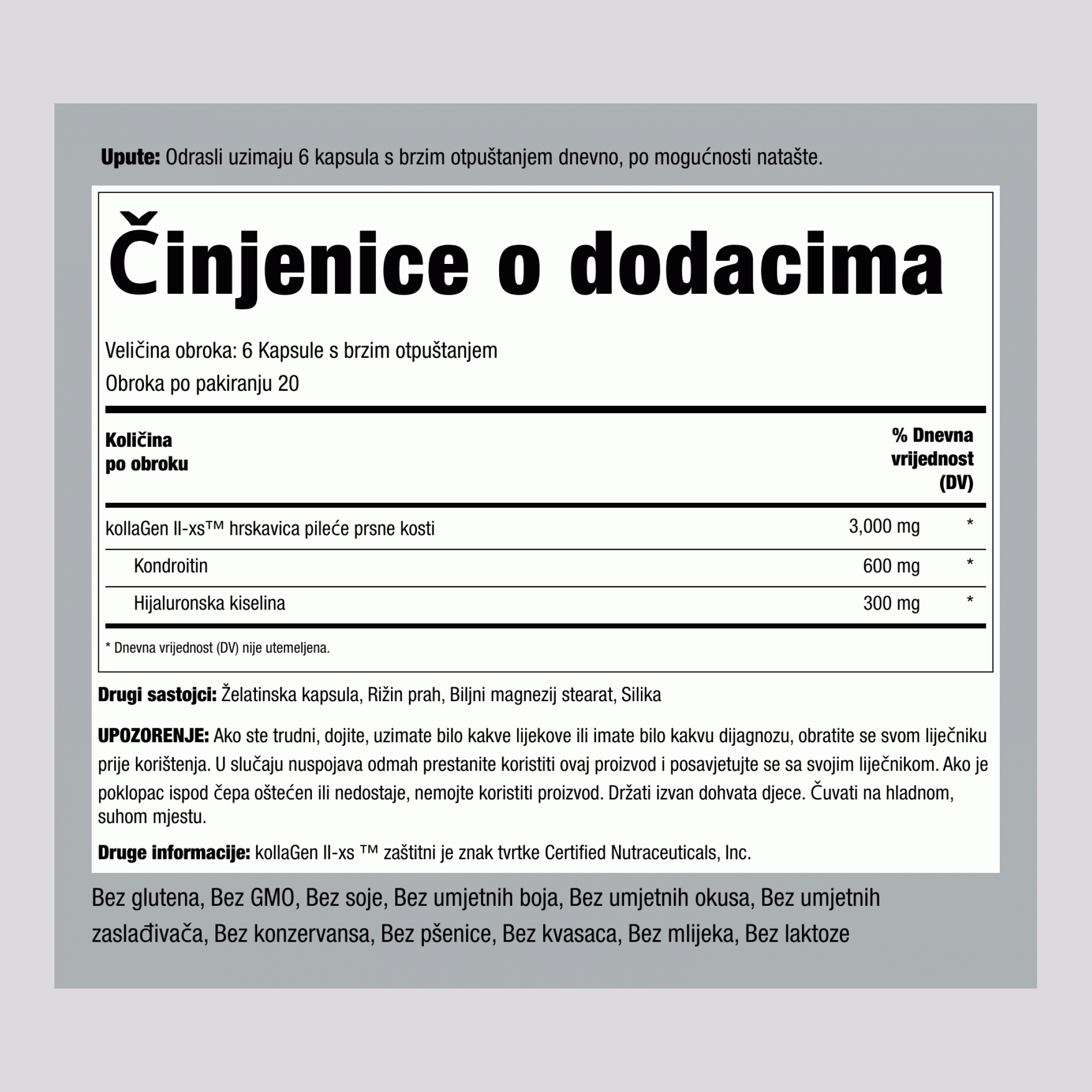 Kokošji kolagen Tip II s hijaluronskom kiselinom 3000 mg (po obroku) 120 Kapsule s brzim otpuštanjem 2 Boce   