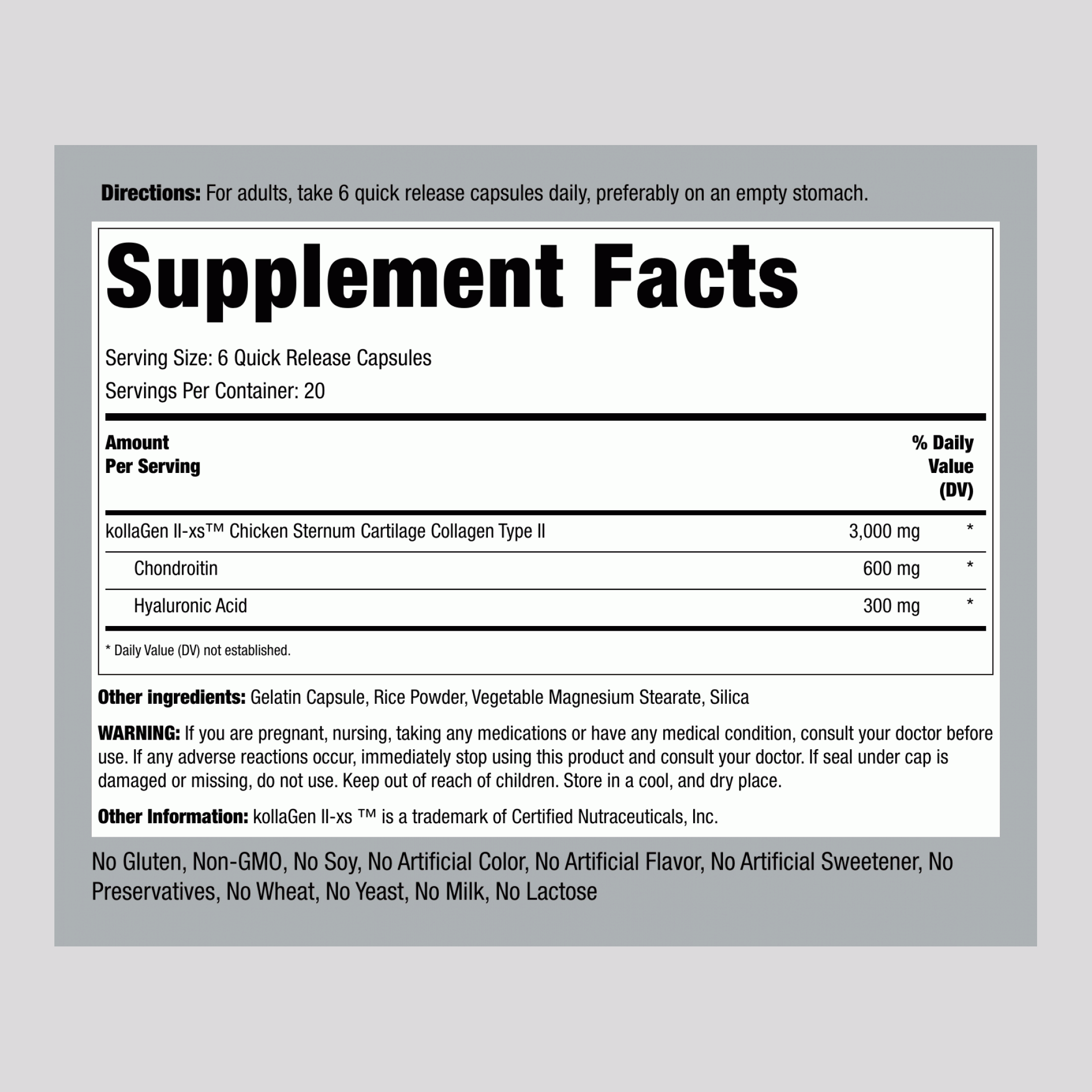 雞軟骨二型膠原/透明質酸膠囊 3000 毫克 (每份) 120 快速釋放膠囊 2 瓶子   