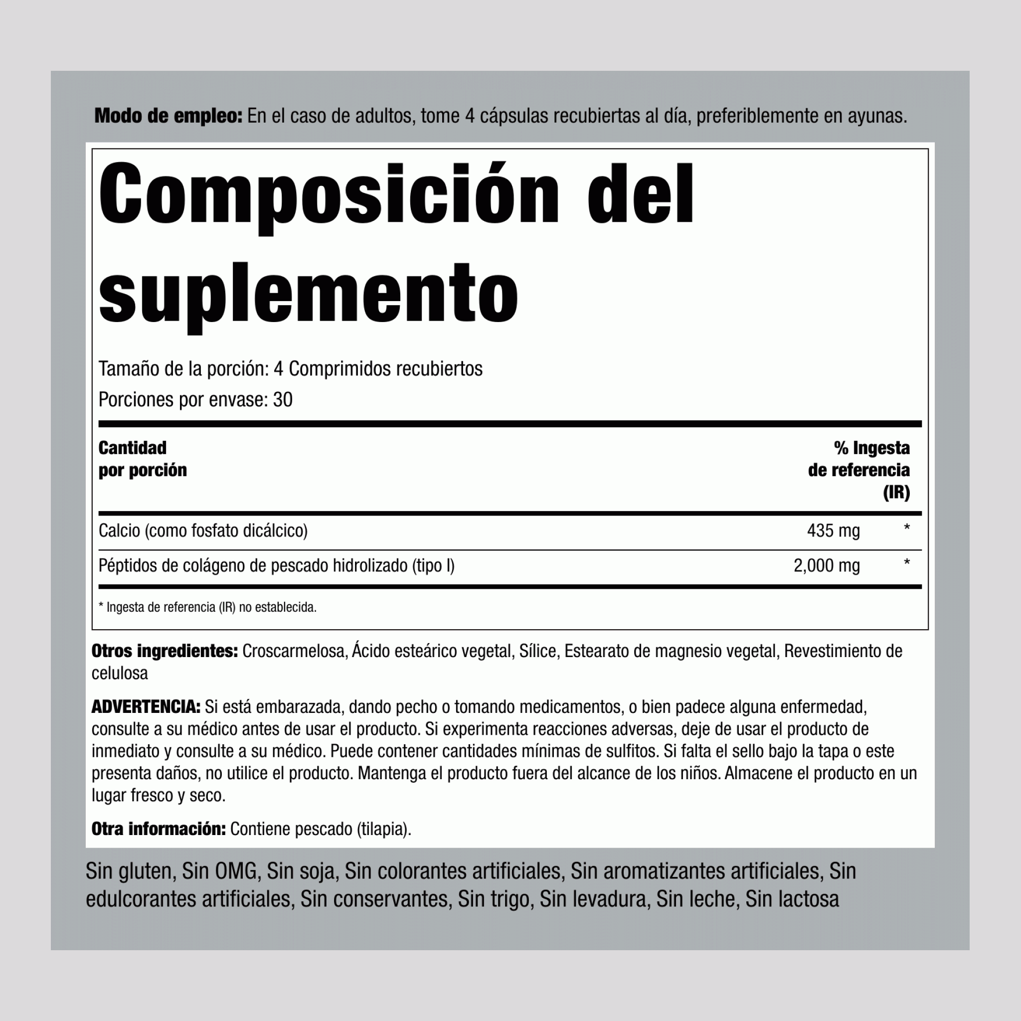 Colágeno marino de tipo 1 2000 mg (por porción) 120 Comprimidos recubiertos