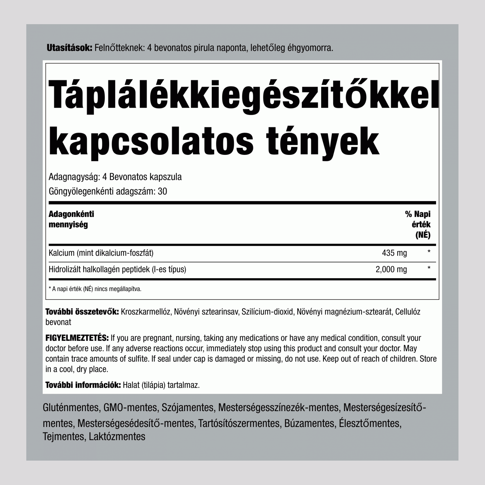 1-es típusú tengeri kollagén 2000 mg (adagonként) 120 Bevonatos kapszula 2 Palackok
