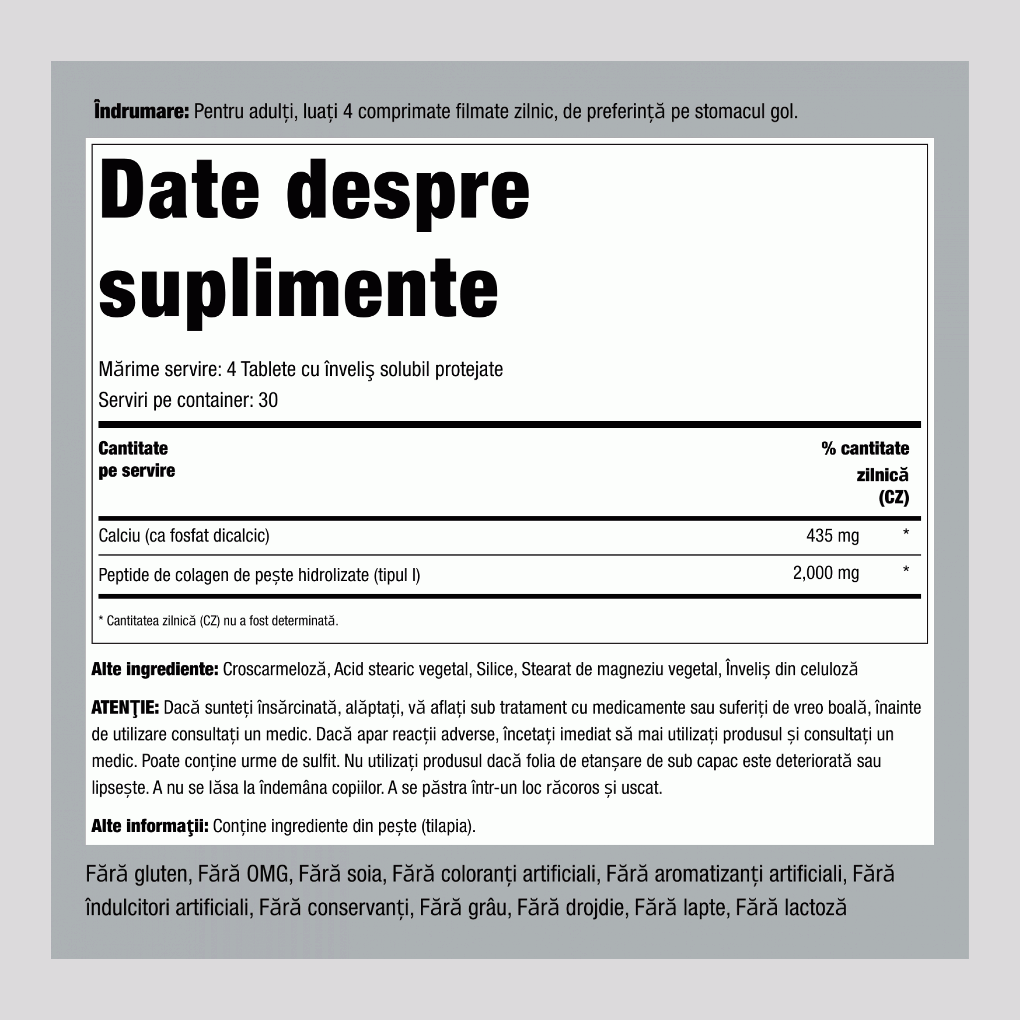 Colagen marin de tip 1 2000 mg (per porție) 120 Tablete cu înveliş solubil protejate 2 Sticle