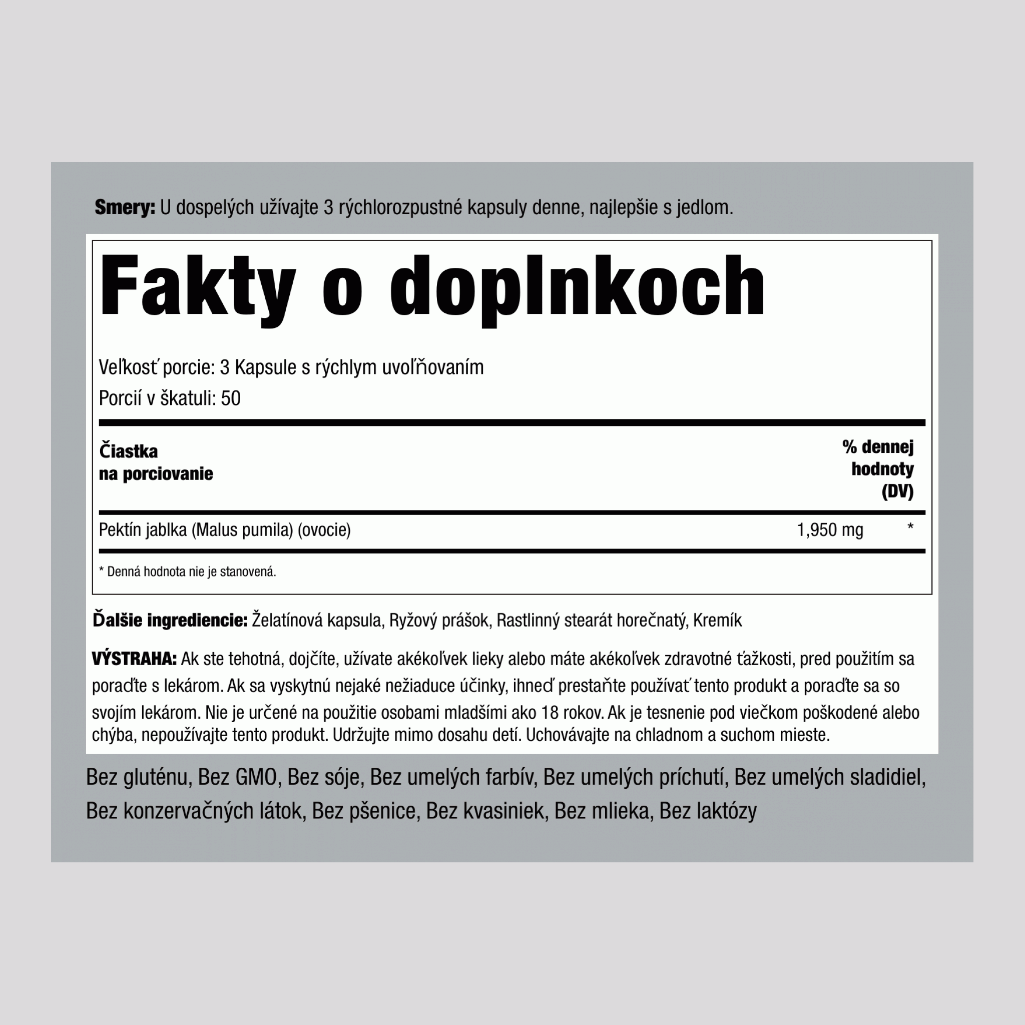 Jablčný pektín 1950 mg (v jednej dávke) 150 Kapsule s rýchlym uvoľňovaním     