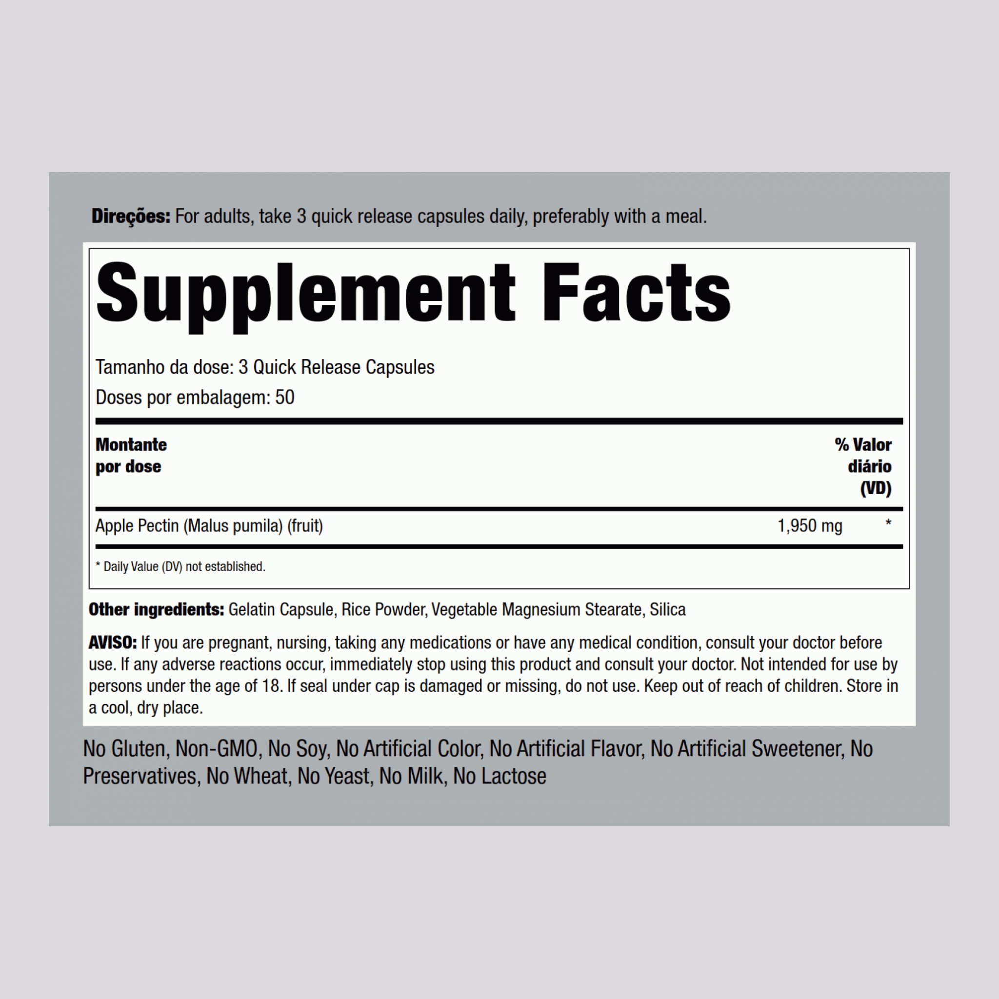 Pectina de maçã 1950 mg (por dose) 150 Cápsulas de Rápida Absorção     