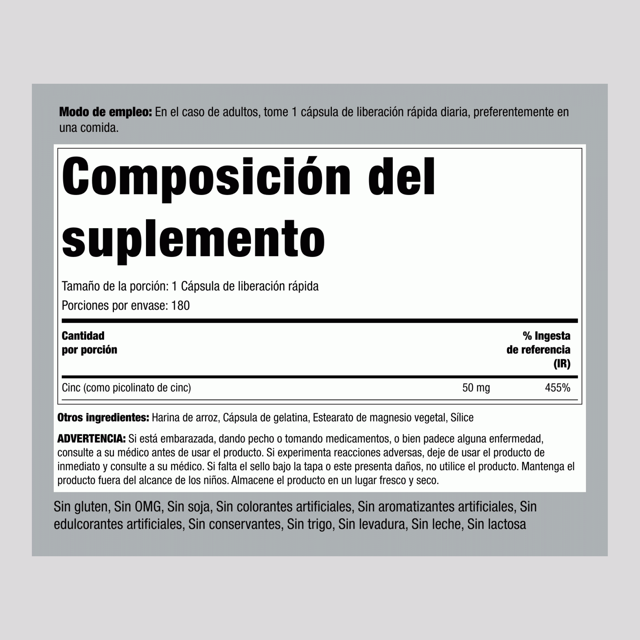 Picolinato de cinc (cinc de gran absorción) 50 mg 180 Cápsulas de liberación rápida     