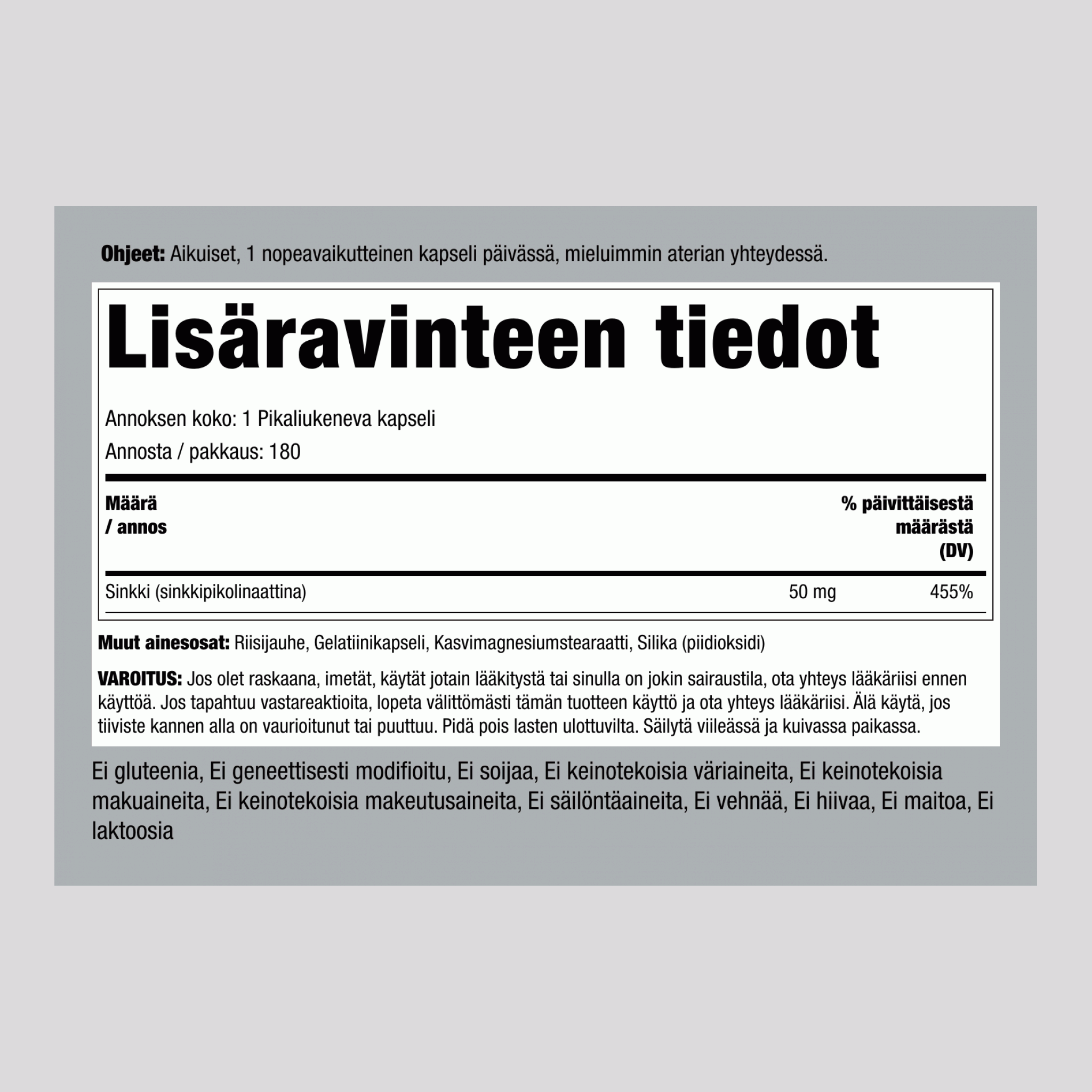 Sinkkipikolinaatti (hyvin imeytyvä sinkki) 50 mg 180 Pikaliukenevat kapselit     