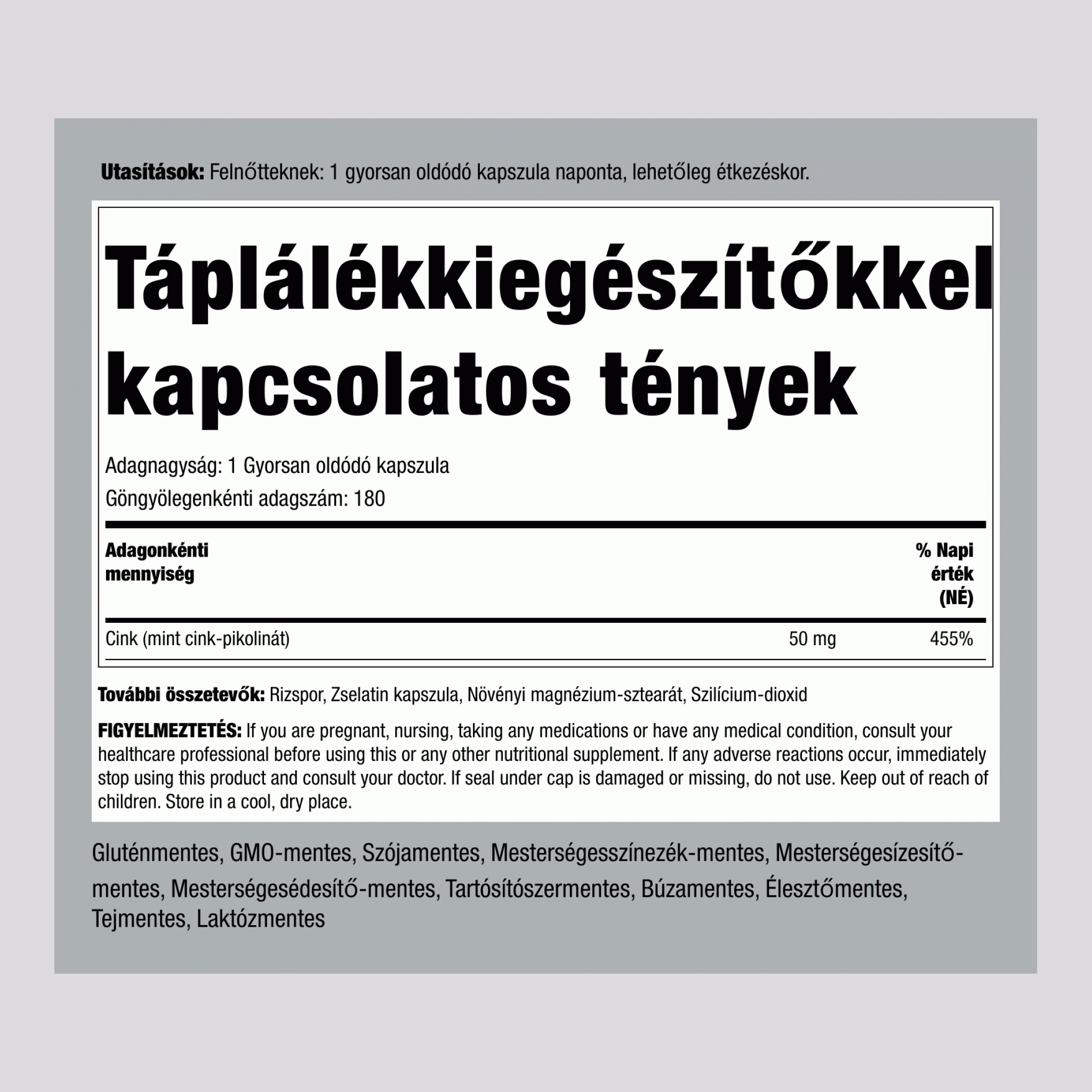 Cinkpikolinát (magas felszívóképességű cink) 50 mg 180 Gyorsan oldódó kapszula     