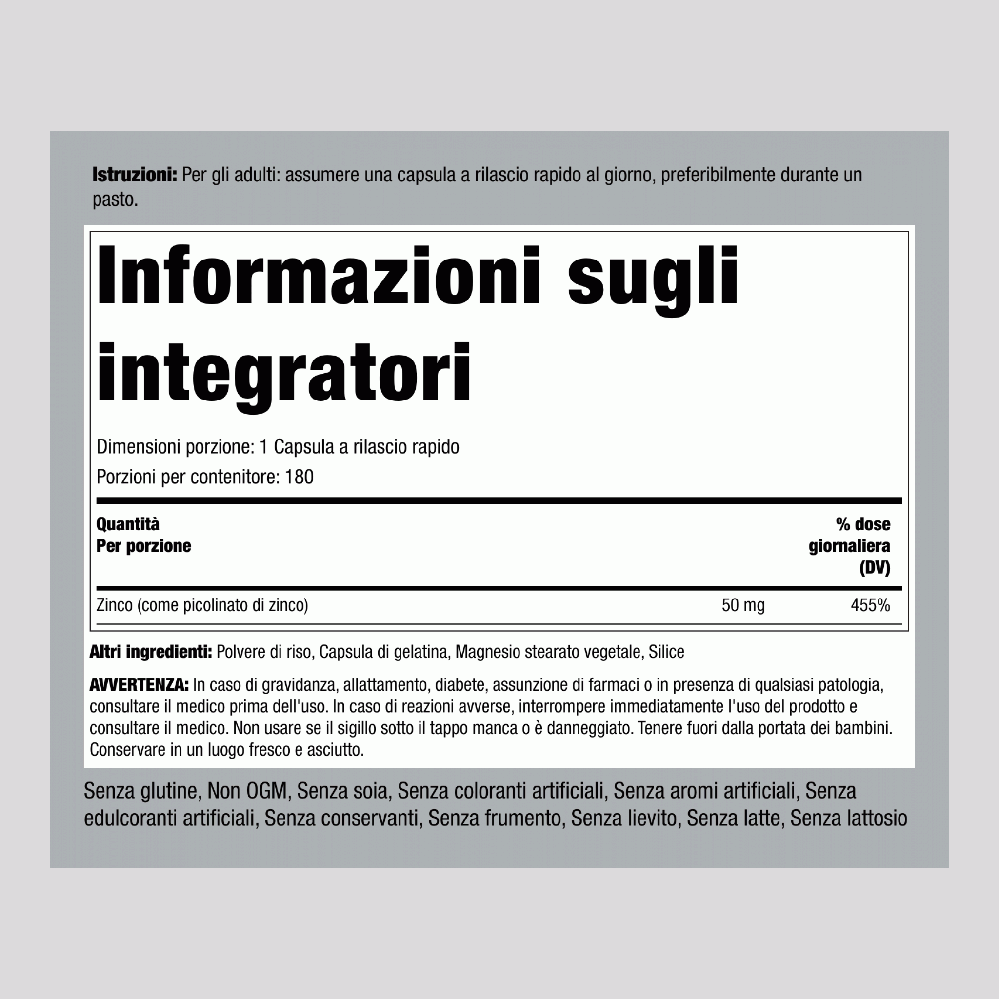 Zinco picolinato (zinco ad elevato assorbimento) 50 mg 180 Capsule a rilascio rapido     