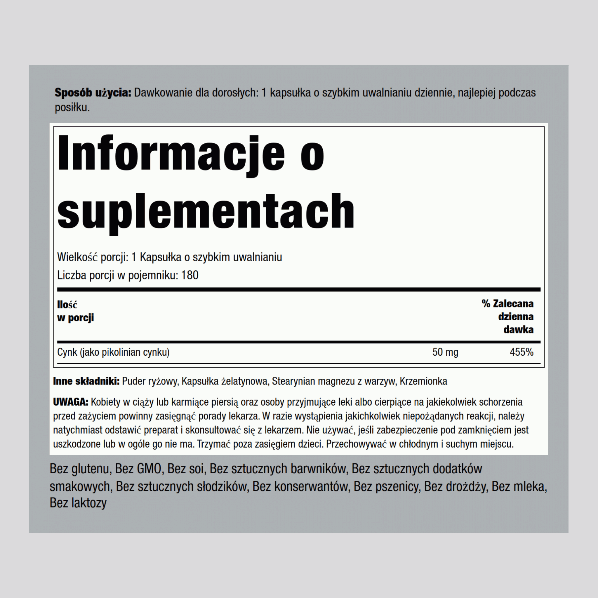 Pikolinian cynku (cynk o wysokiej wchłanialności) 50 mg 180 Kapsułki o szybkim uwalnianiu     