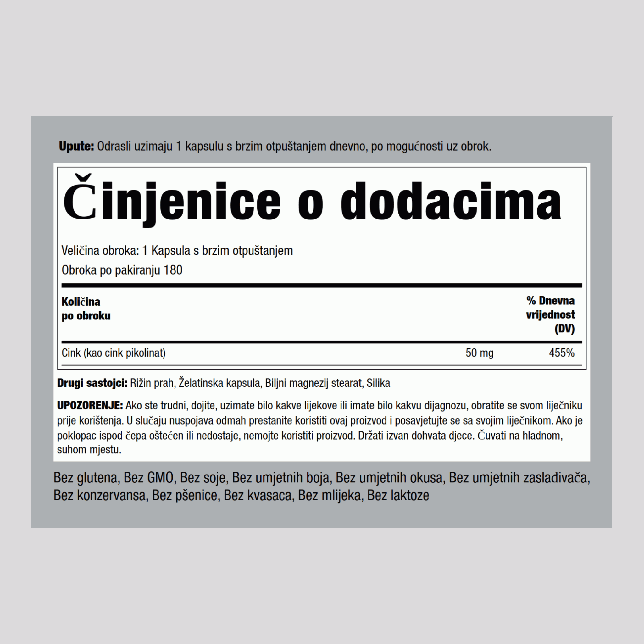 Picolinate de zinc (Zinc à haute absorption),  50 mg 180 Gélules à libération rapide 2 Bouteilles