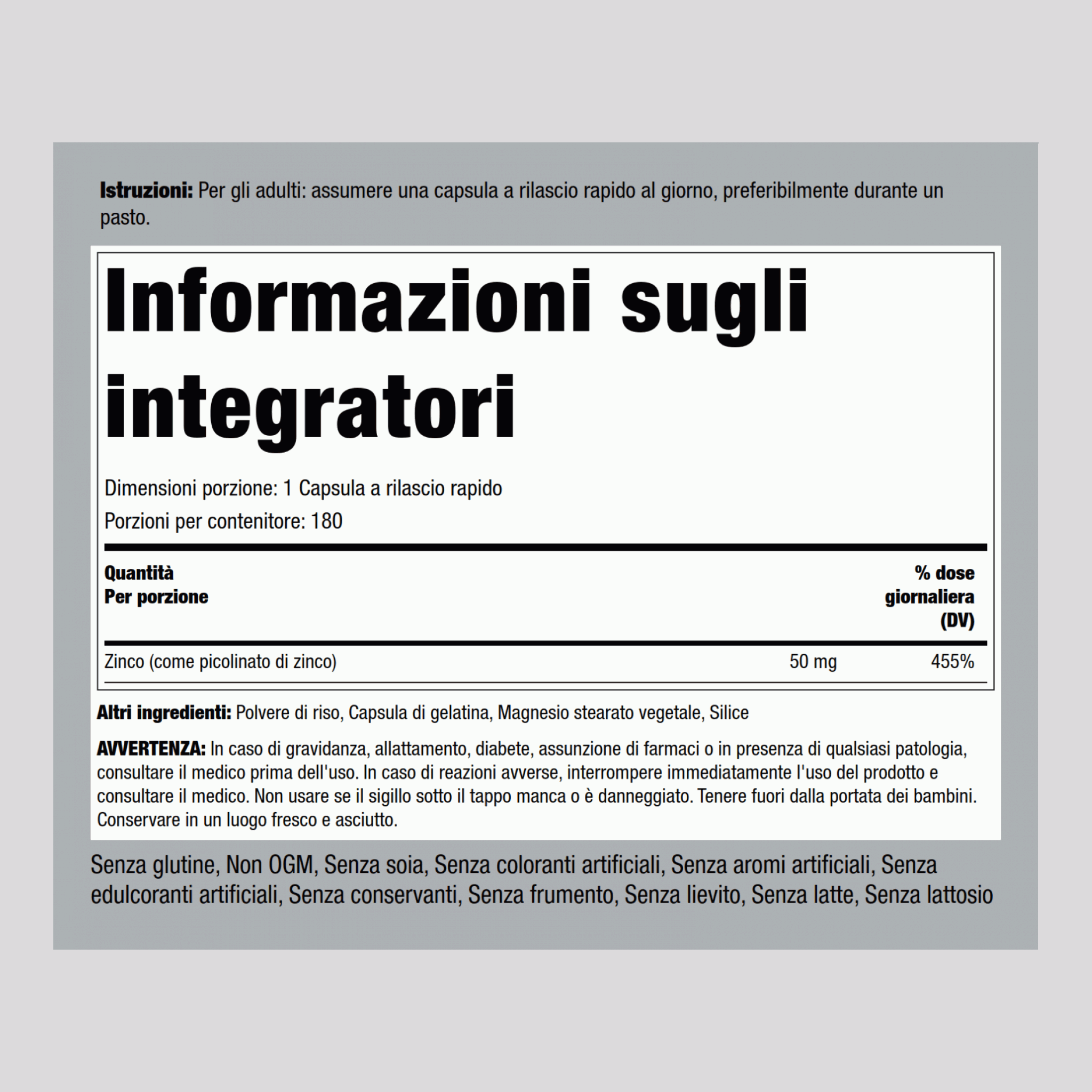 Picolinate de zinc (Zinc à haute absorption),  50 mg 180 Gélules à libération rapide 2 Bouteilles