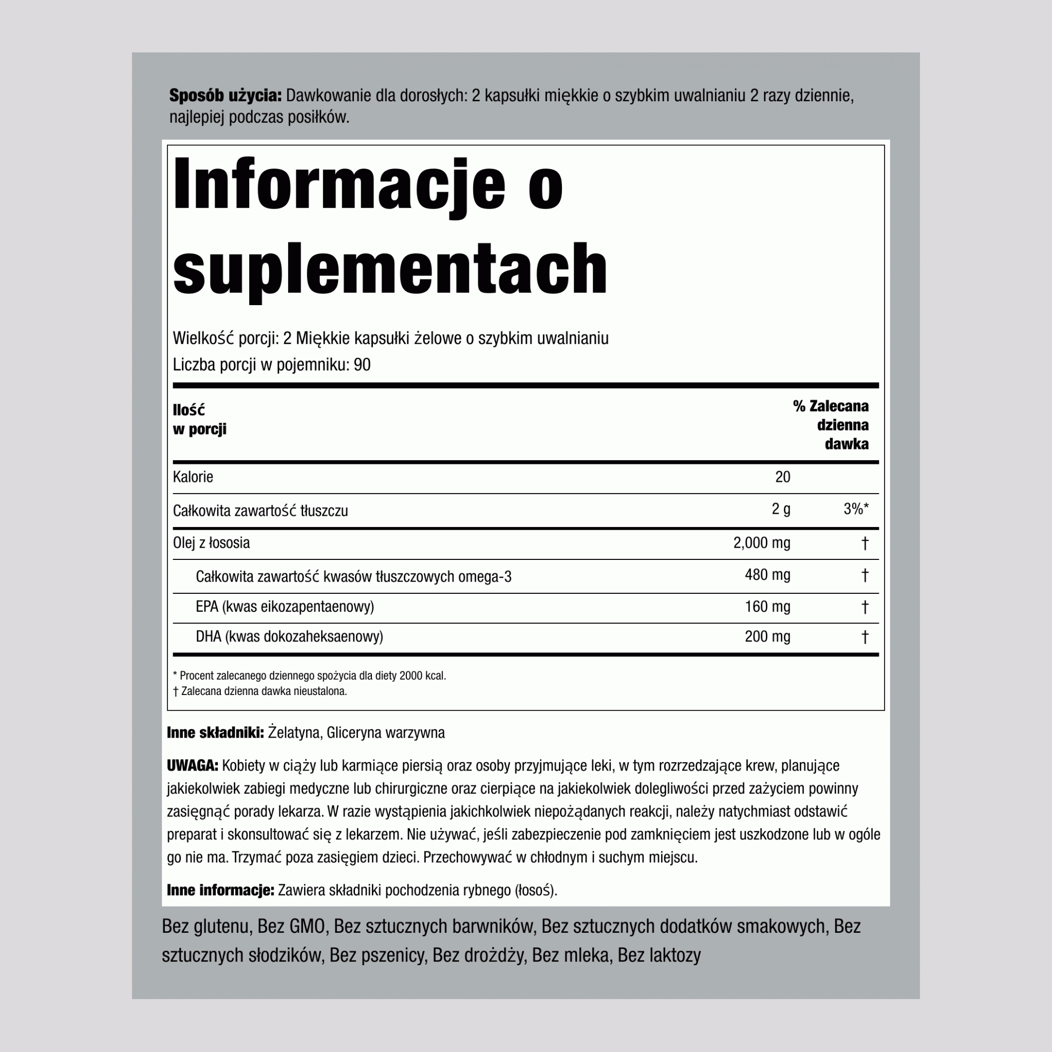 Olej z dzikiego łososia z Alaski 1000 mg virgin 180 Miękkie kapsułki żelowe o szybkim uwalnianiu 2 Butelki     