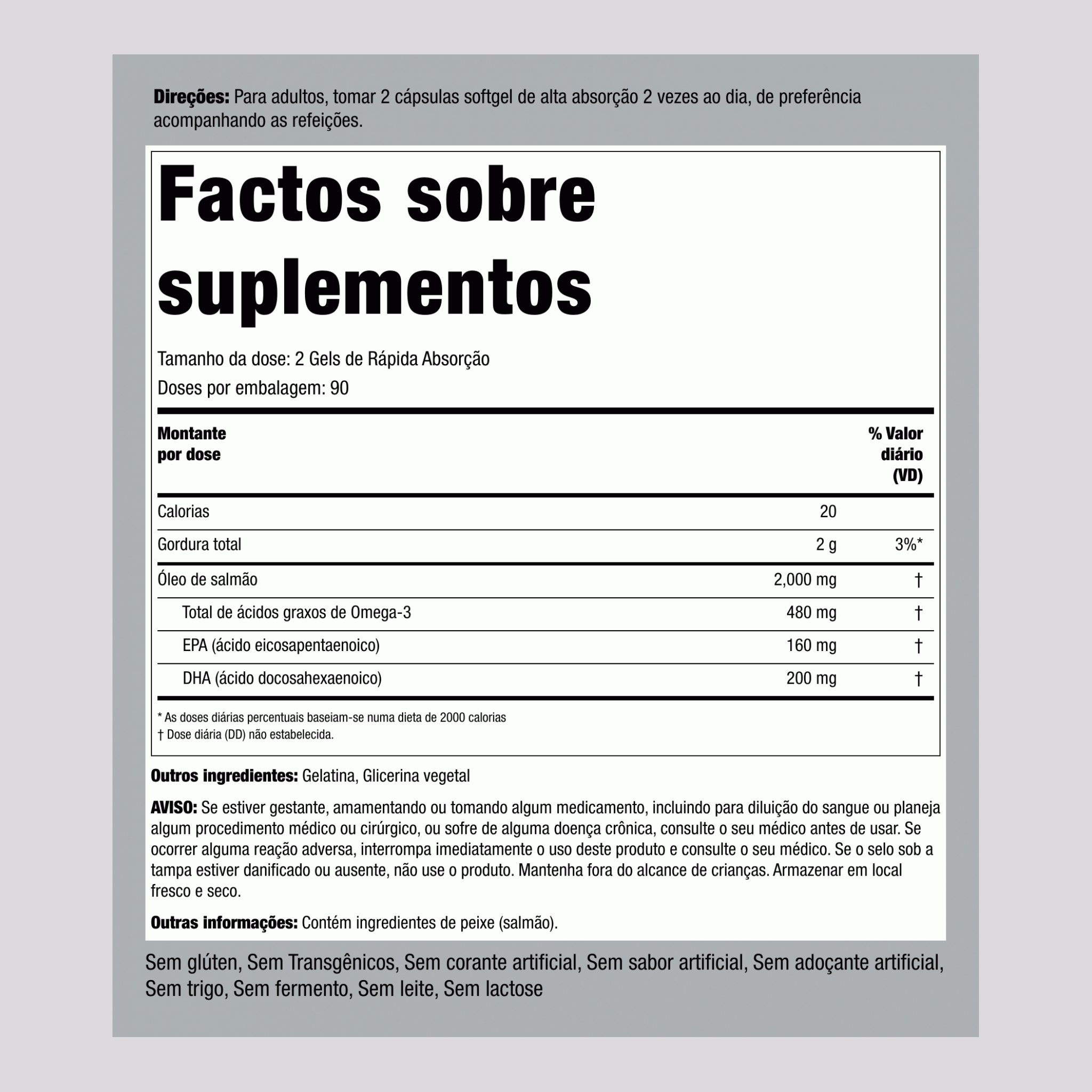 Óleo virgem de salmão selvagem do Alasca 1000 mg Gama completa 180 Gels de Rápida Absorção 2 Frascos     