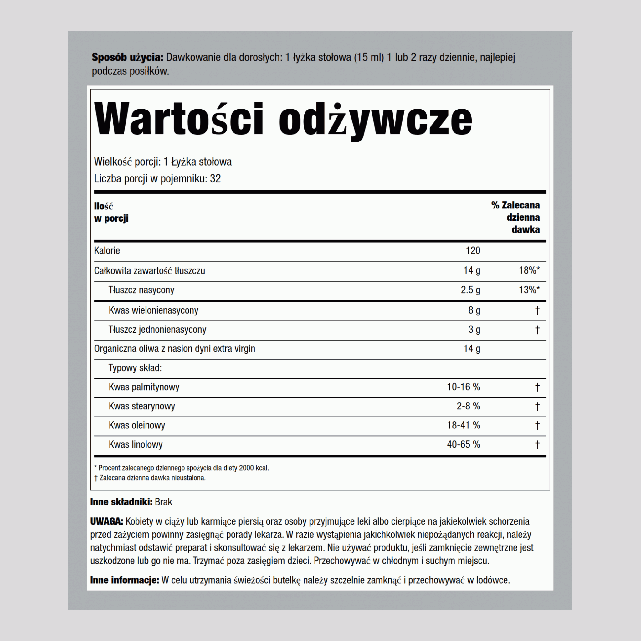 Olej z nasion dyni tłoczony na zimno (Organiczna) 16 Uncje sześcienne 473 ml Butelka    