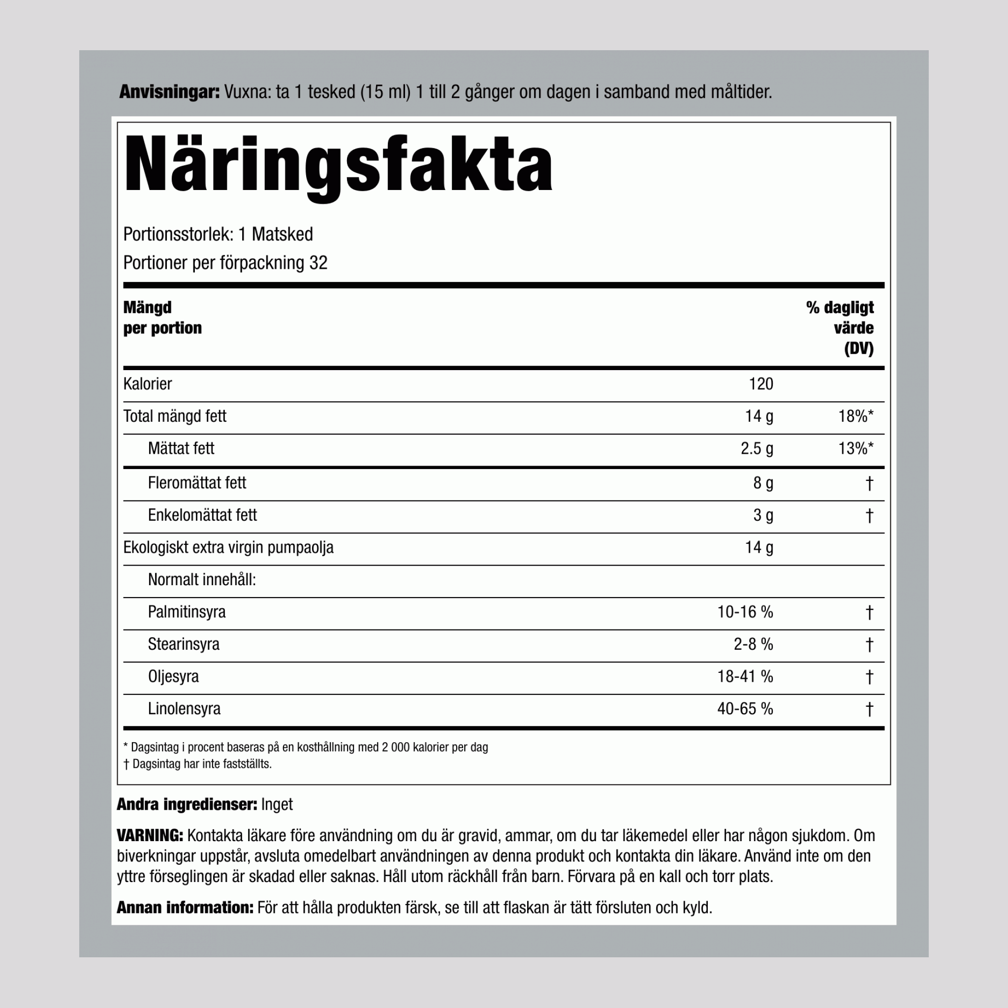 Olje iz bučnih semen hladno stiskano (Ekološko pridelano),  16 tekočinska unča 473 ml Steklenica 3 Steklenice