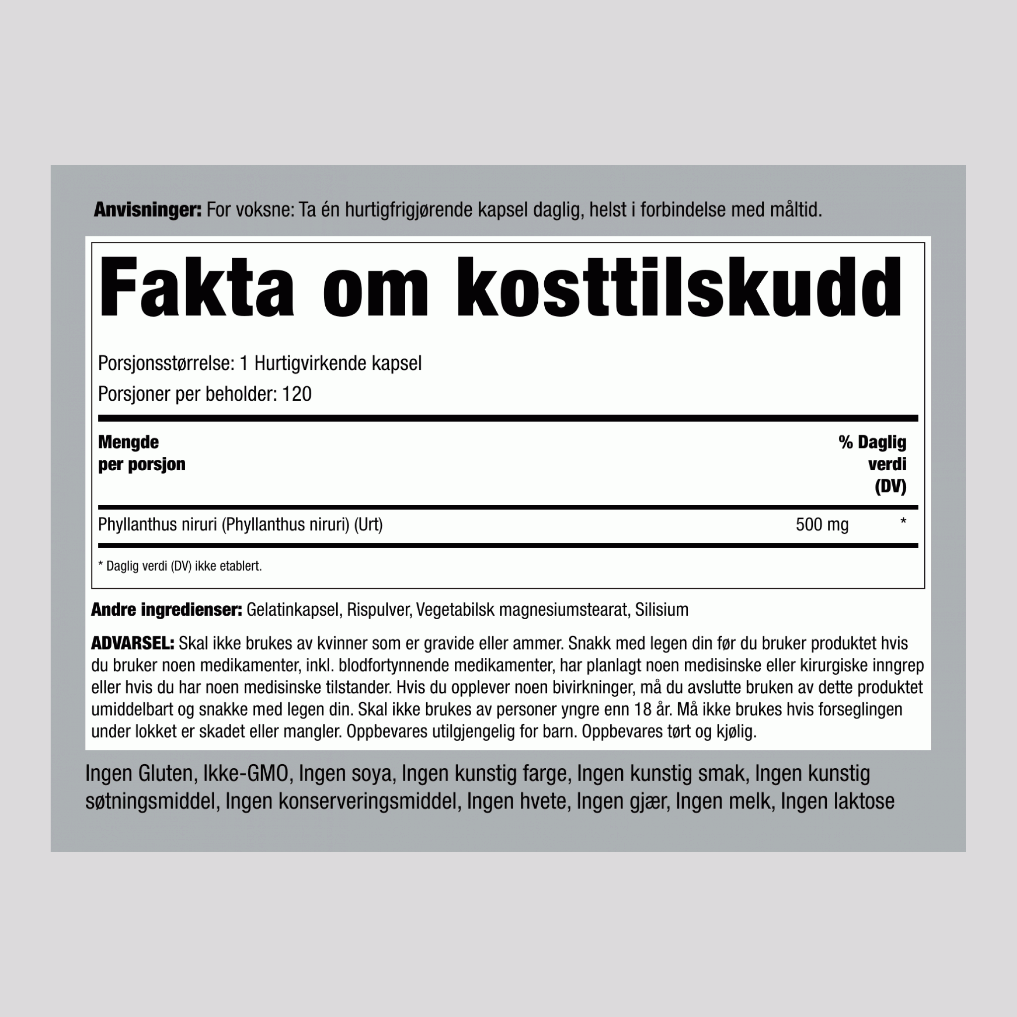 Chanca Piedra (Phyllanthus niruri) 500 mg 120 Hurtigvirkende kapsler     