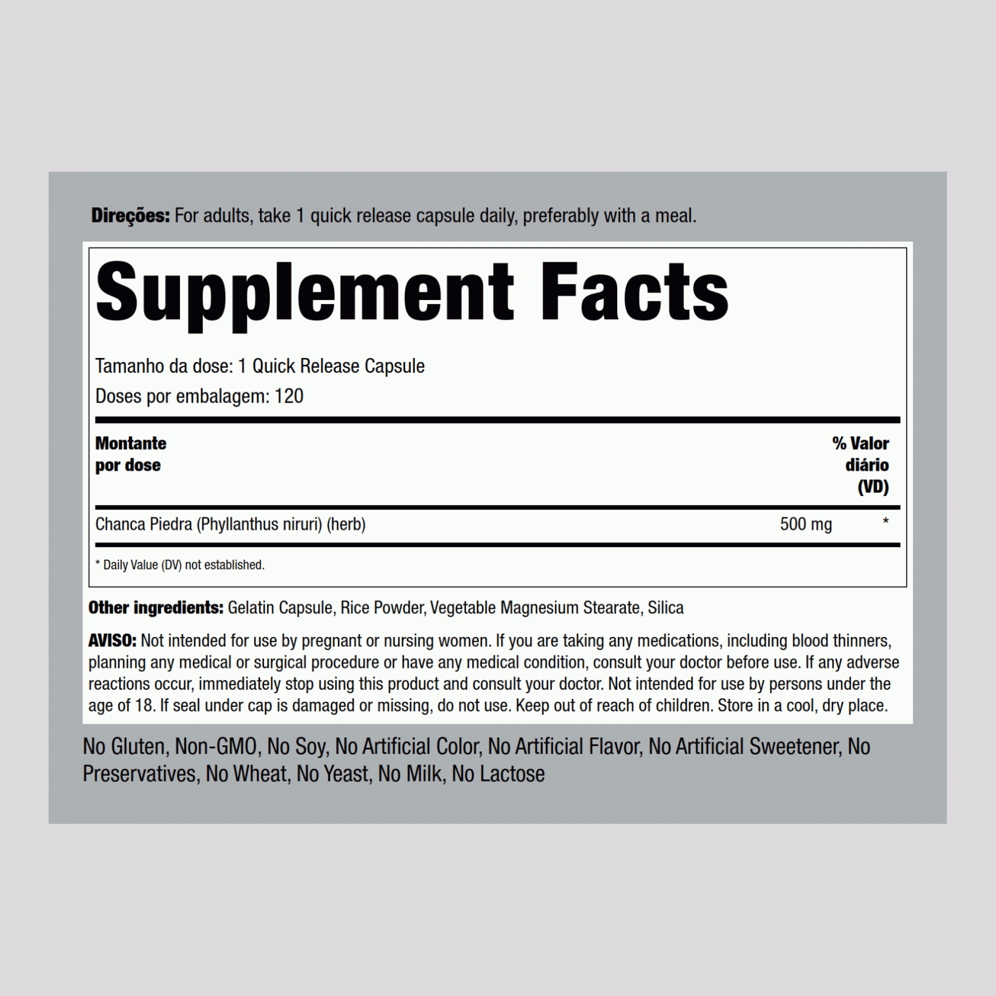 Quebra-pedra (Phyllanthus niruri) 500 mg 120 Cápsulas de Rápida Absorção     