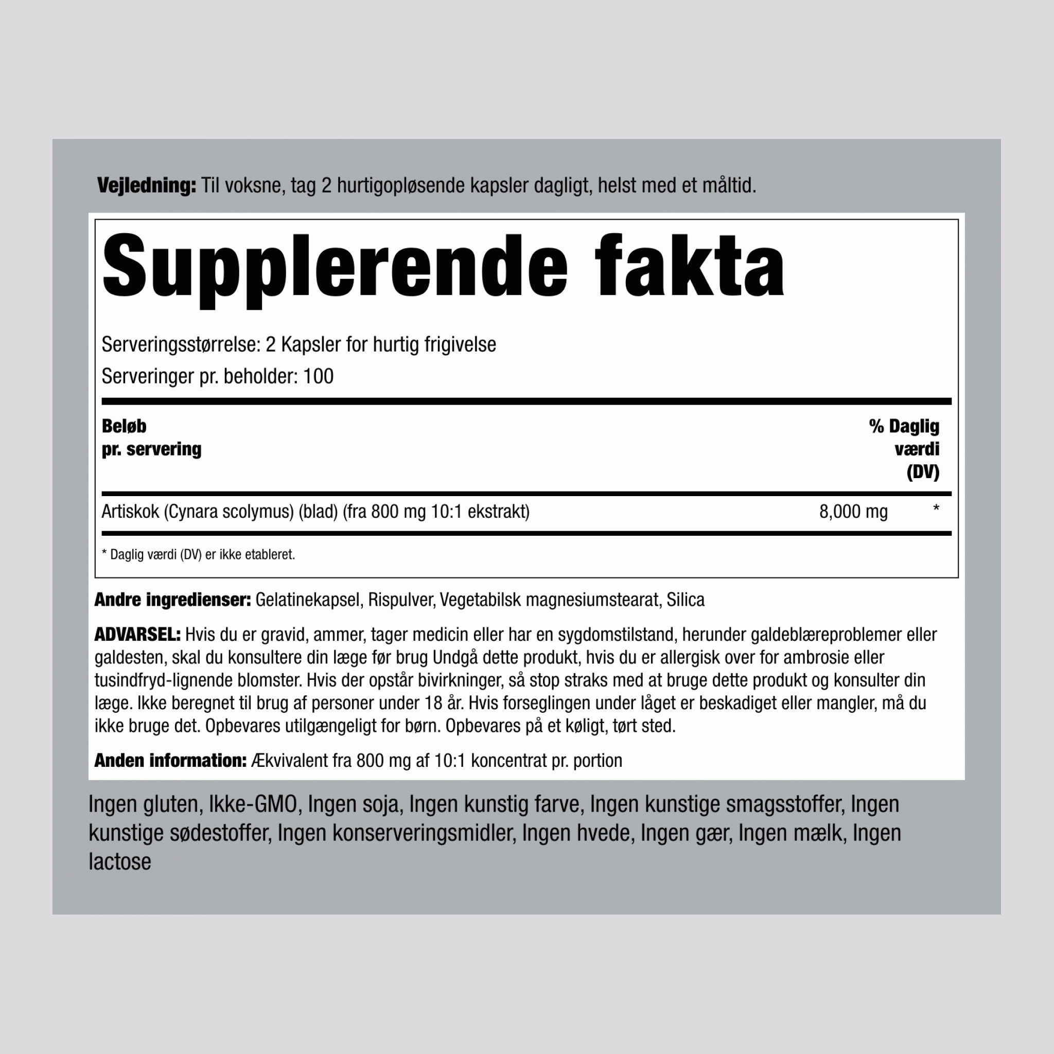 Koncentreret ekstrakt fra artiskokblad 8000 mg (pr. dosering) 200 Kapsler for hurtig frigivelse     