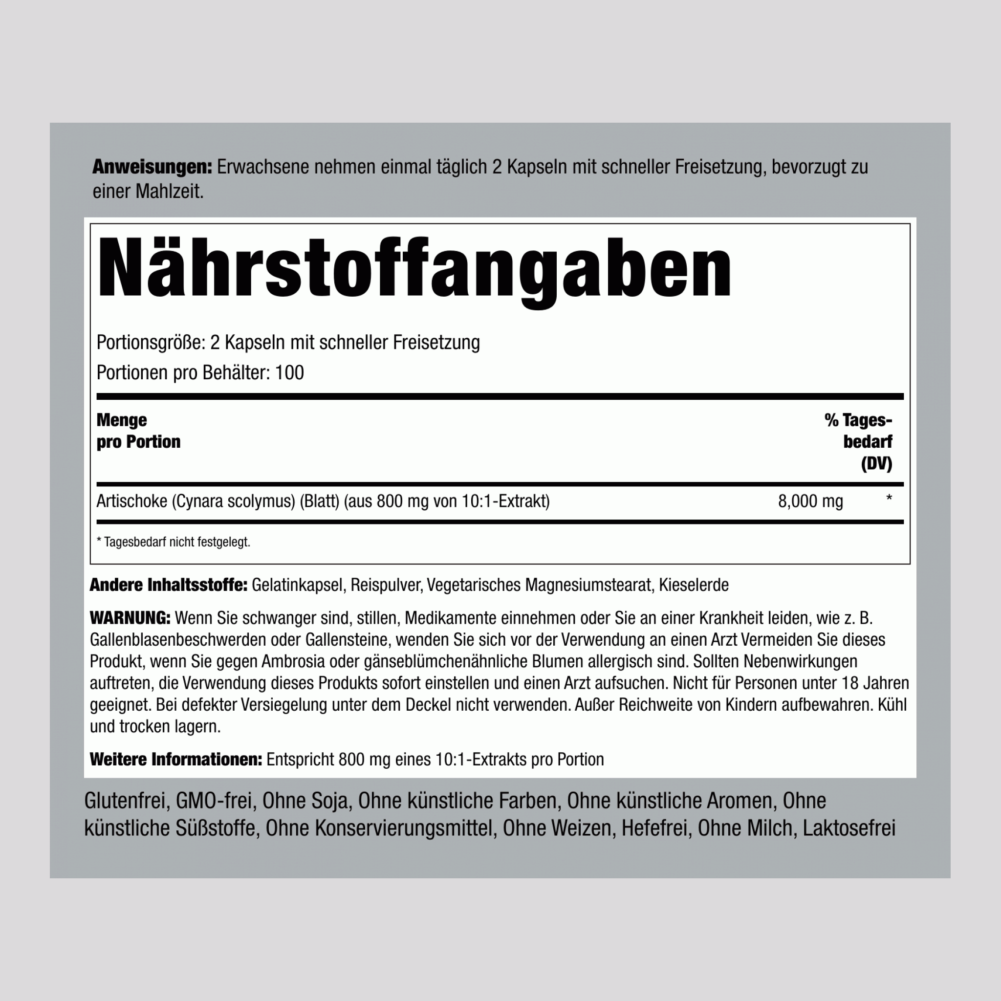 Konzentrierter Artischockenblätter-Extrakt 8000 mg (pro Portion) 200 Kapseln mit schneller Freisetzung     