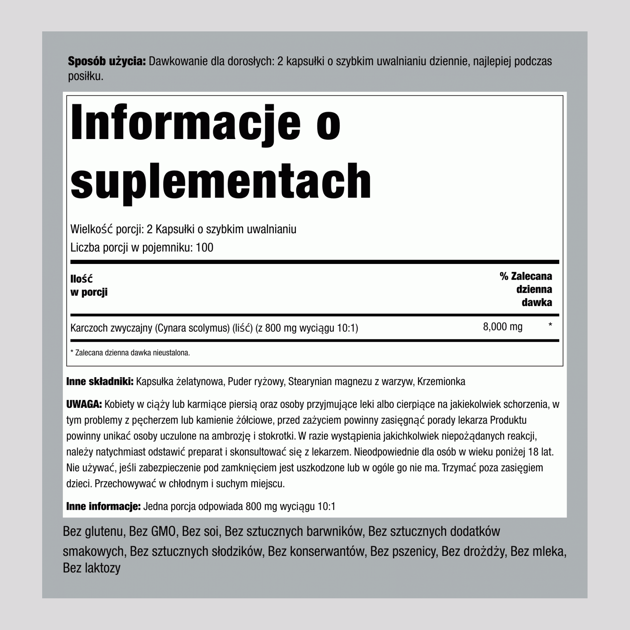 Skoncentrowany wyciąg z liścia karczocha 8000 mg (na porcję) 200 Kapsułki o szybkim uwalnianiu     