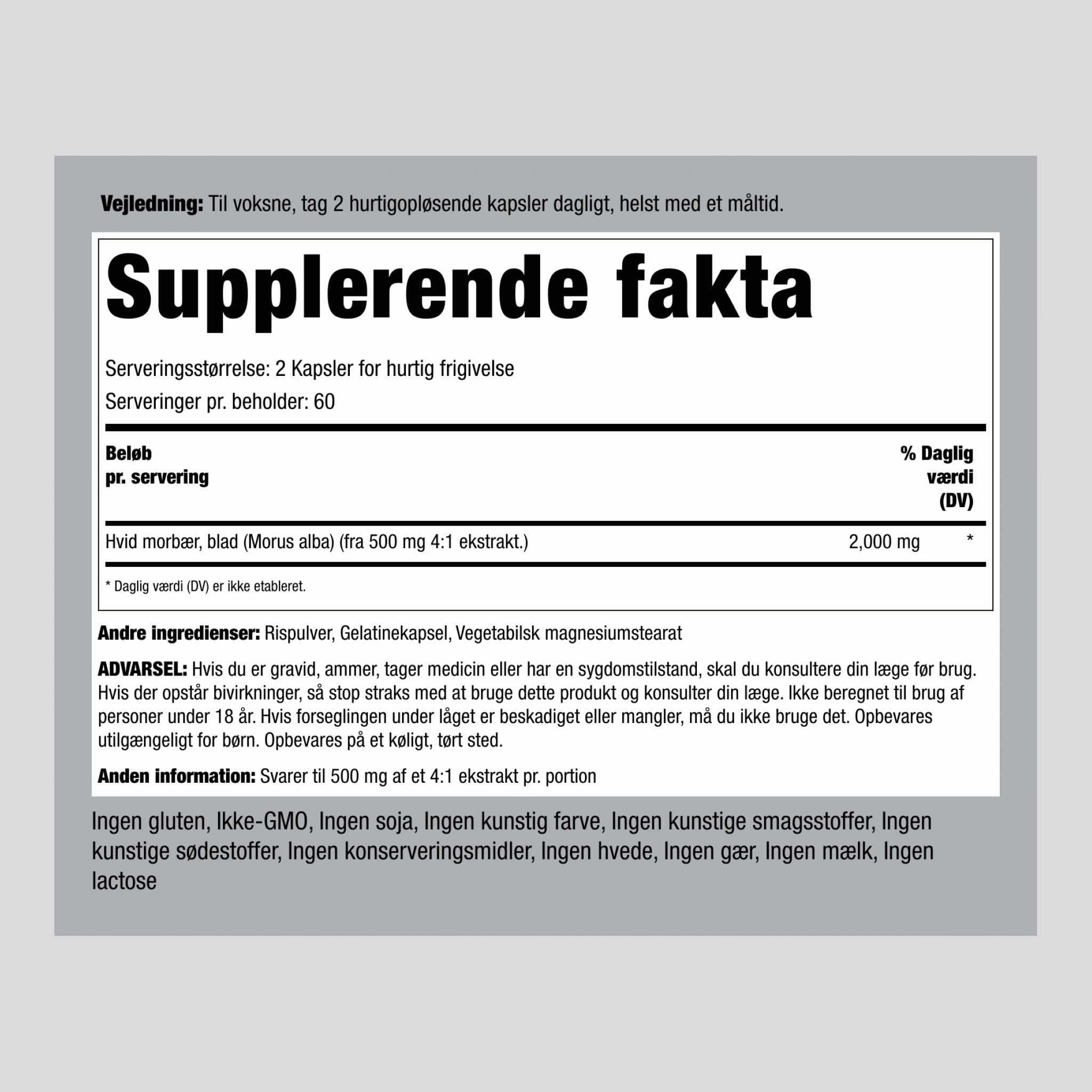 Hvide morbærblade ekstrakt  2000 mg (pr. dosering) 120 Kapsler for hurtig frigivelse   