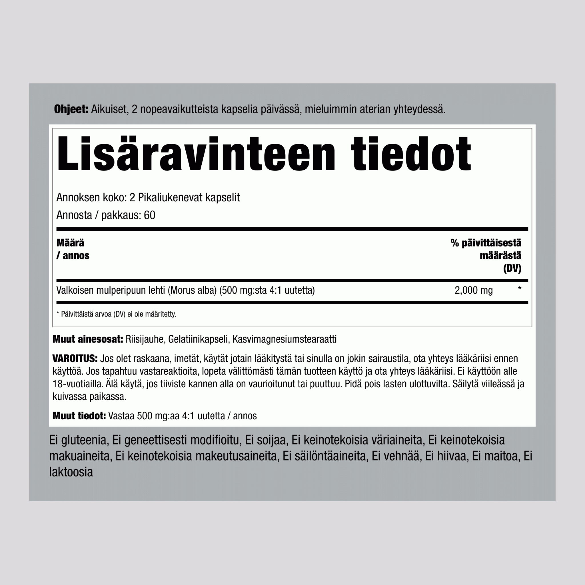 Valkoinen mulperinlehtiuute  2000 mg/annos 120 Pikaliukenevat kapselit   