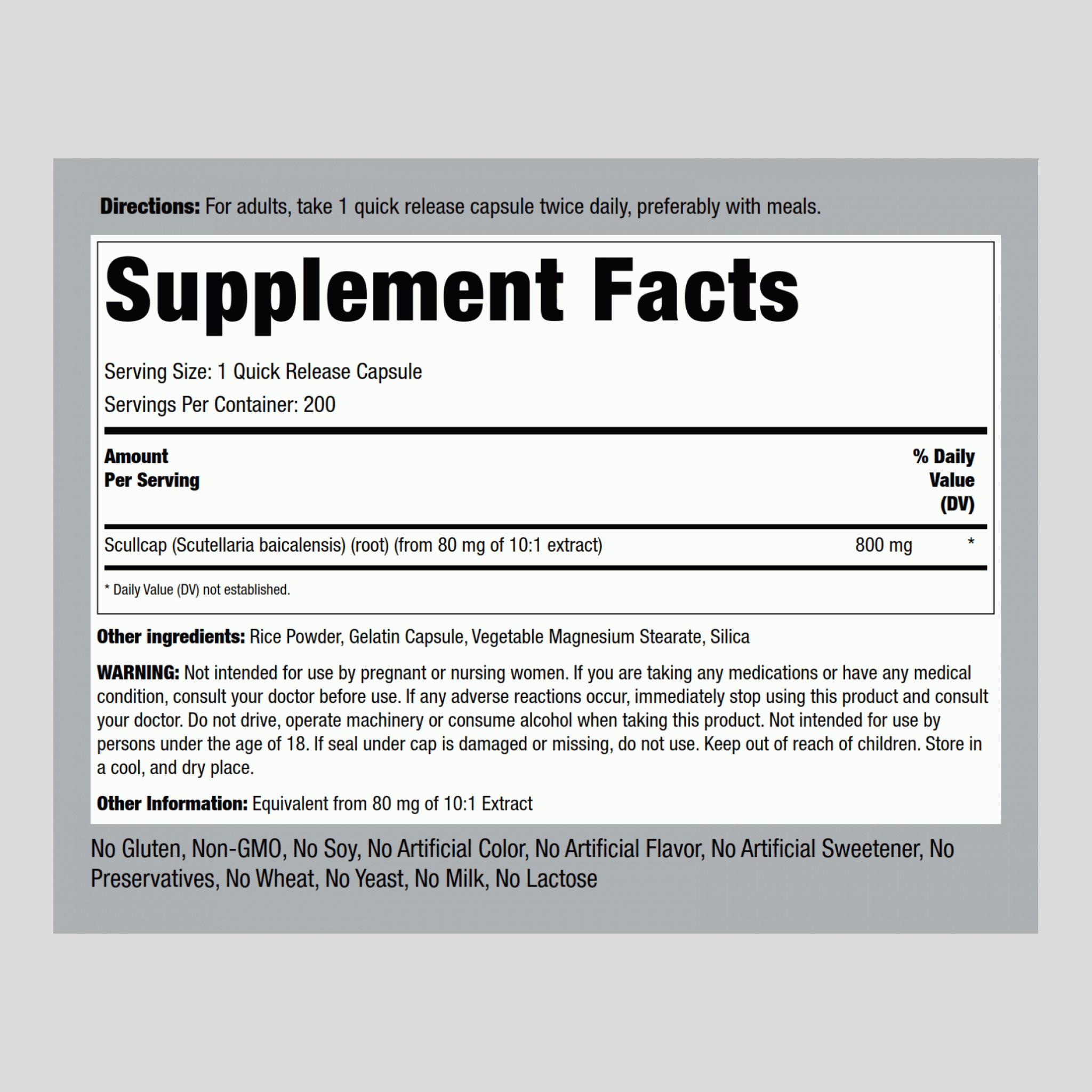 Herbe de scutellaire,  800 mg 200 Gélules à libération rapide 2 Bouteilles