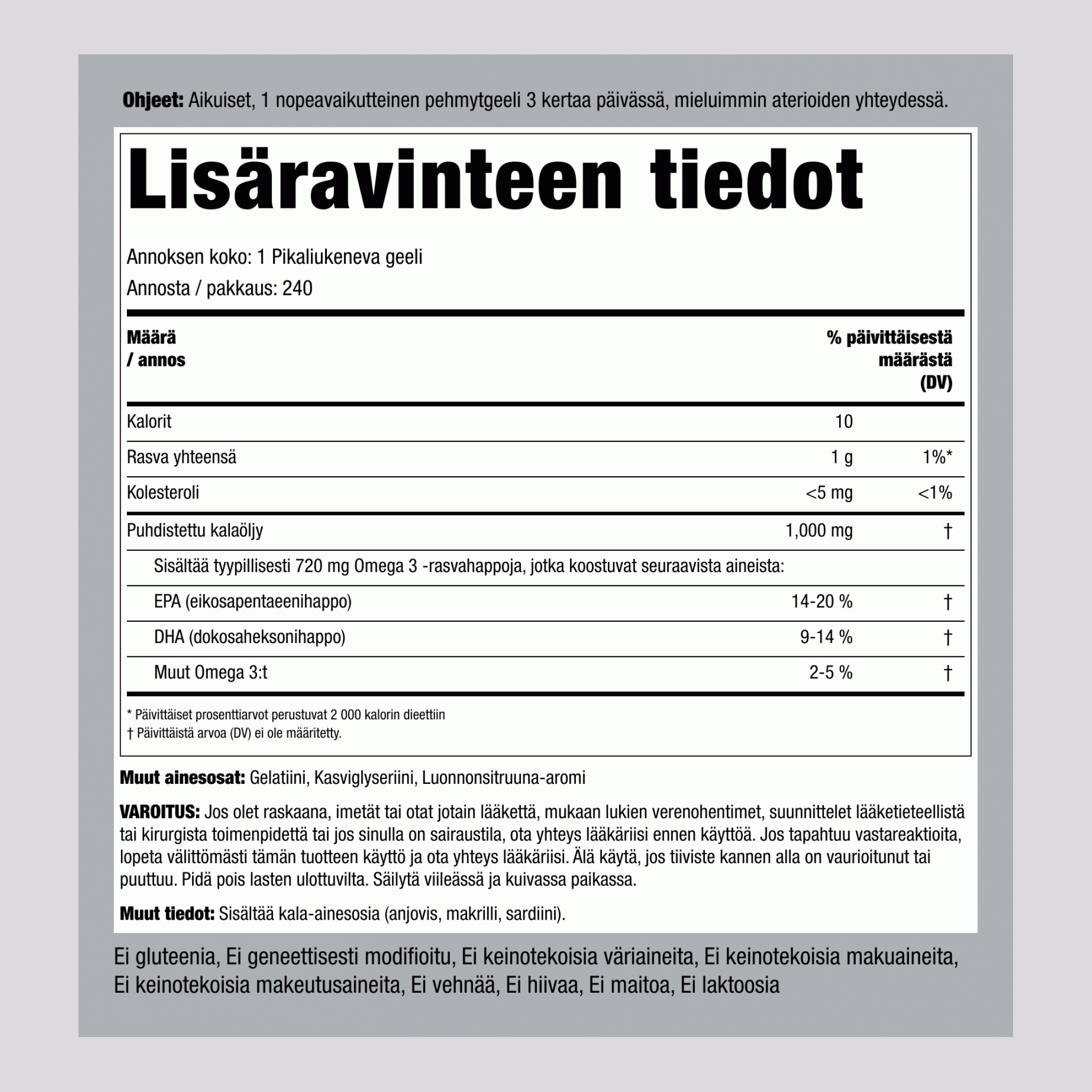 Omega-3-kalaöljy sitruunanmakuinen 1000 mg 240 Pikaliukenevat geelit 2 Pulloa   