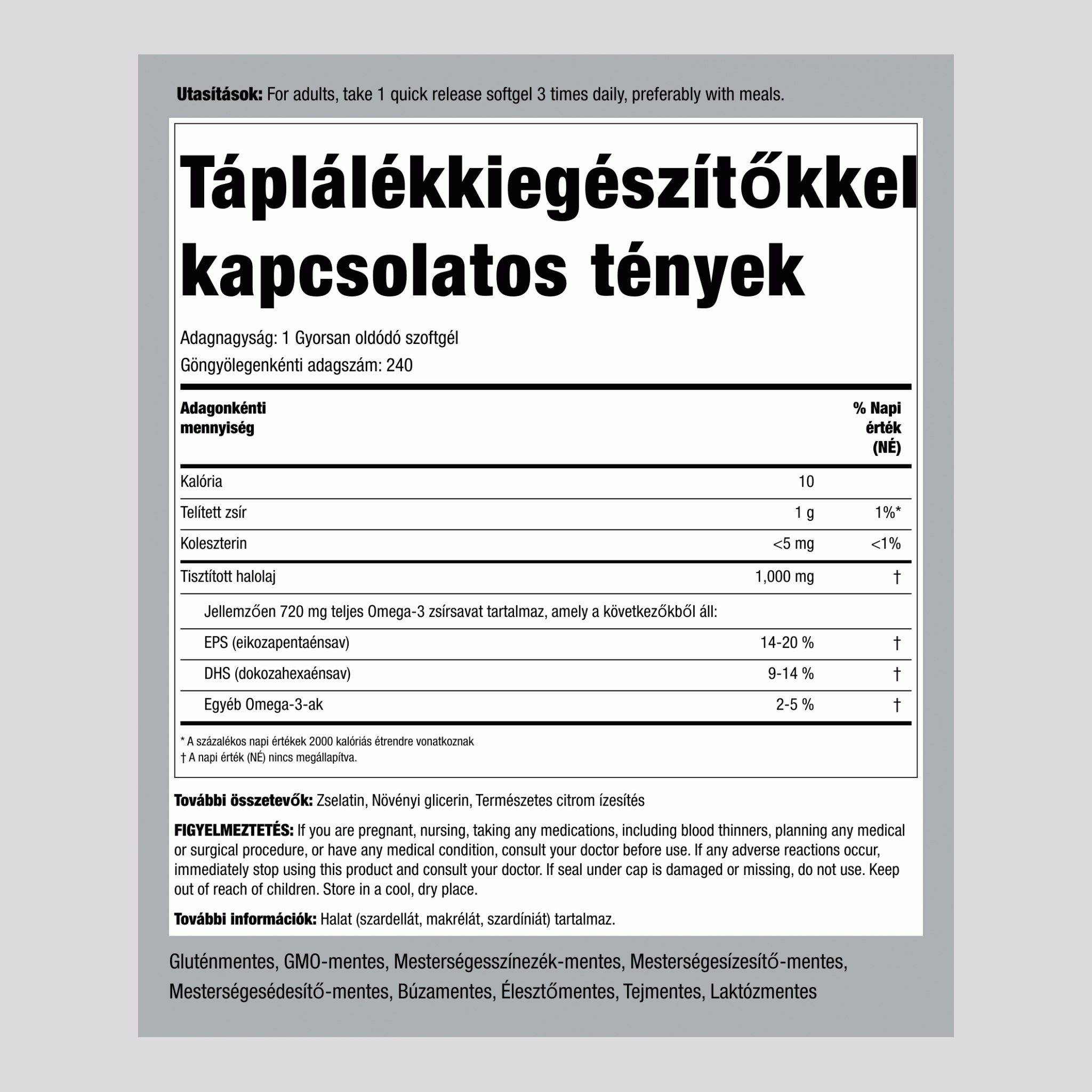 Omega-3 halolaj citrom ízű 1000 mg 240 Gyorsan oldódó szoftgél 2 Palackok   