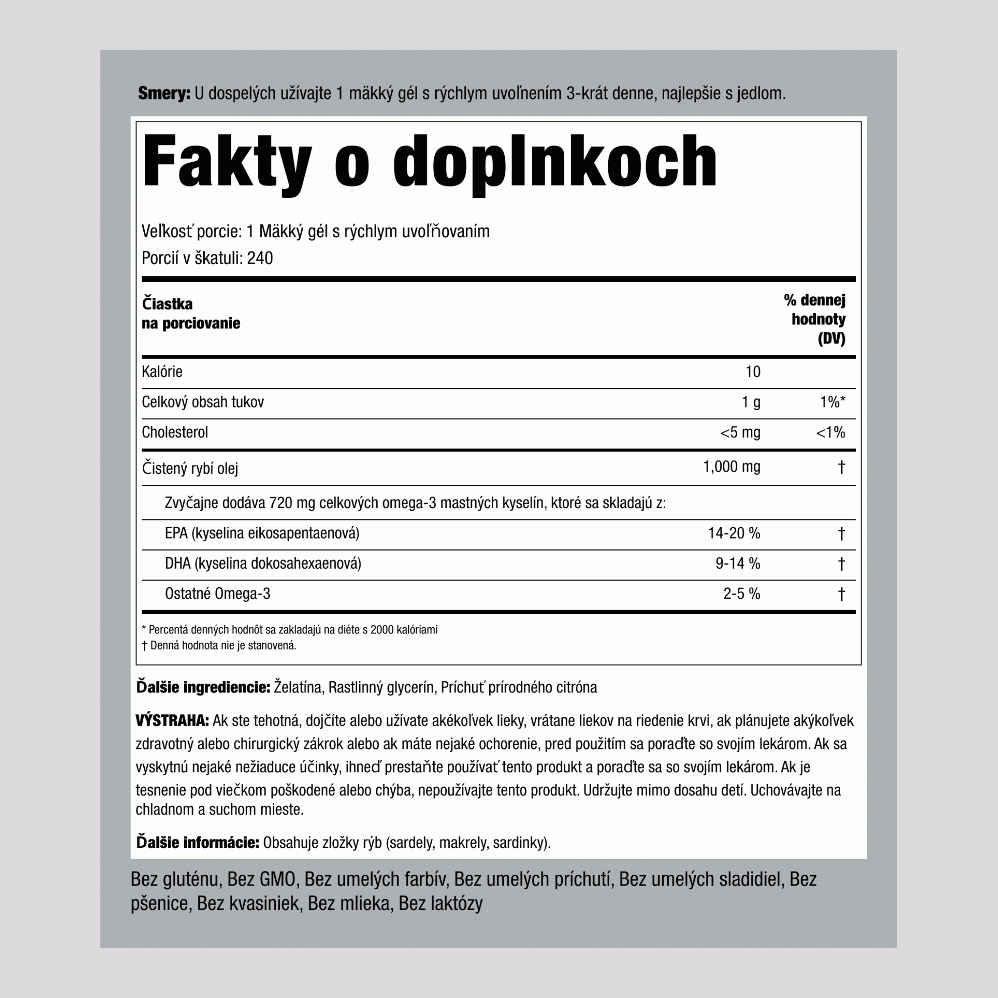 Omega-3 rybí olej citrónová príchuť 1000 mg 240 Mäkké gély s rýchlym uvoľňovaním 2 Fľaše   