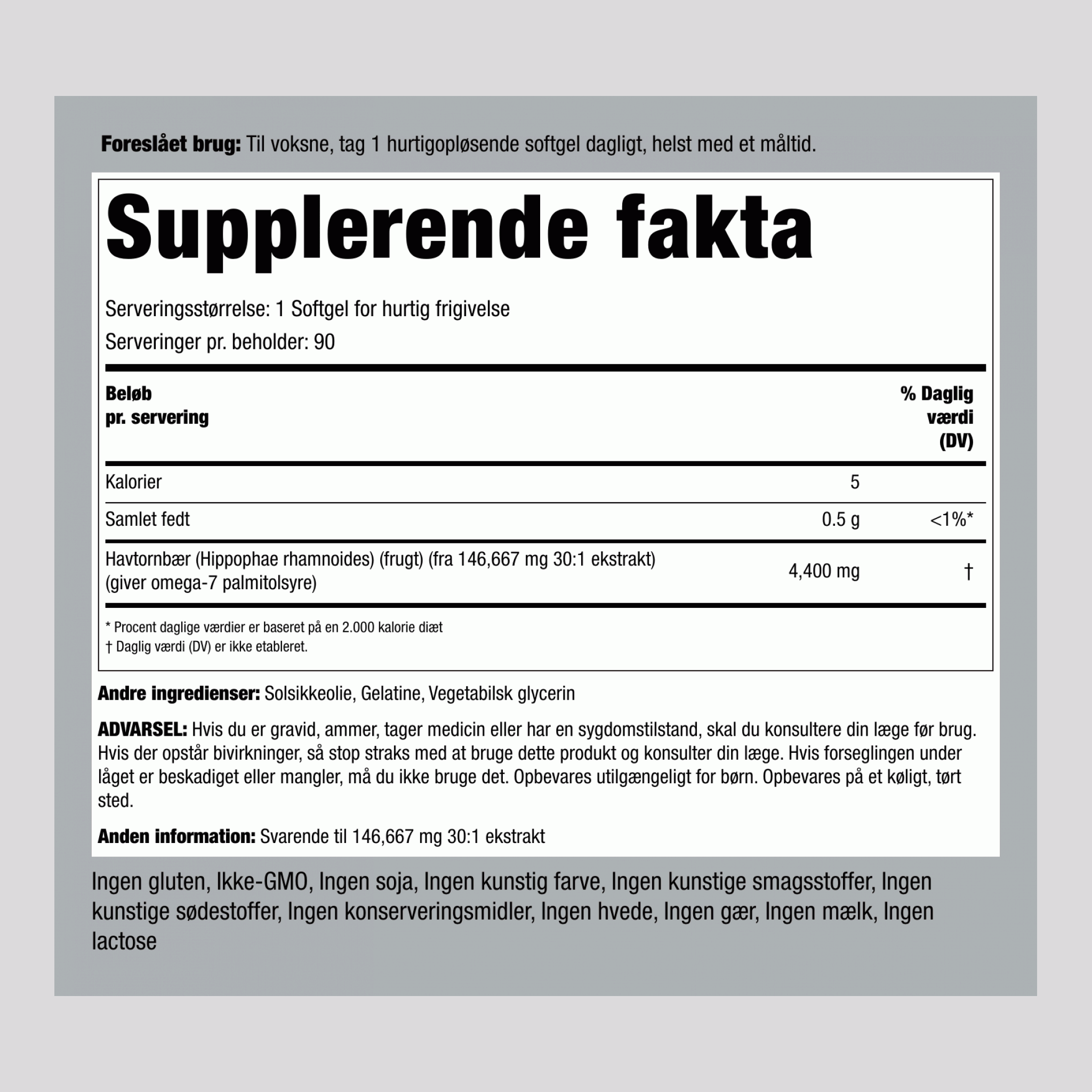 Omega-7 Havtornolie  4400 mg 90 Softgel for hurtig frigivelse     