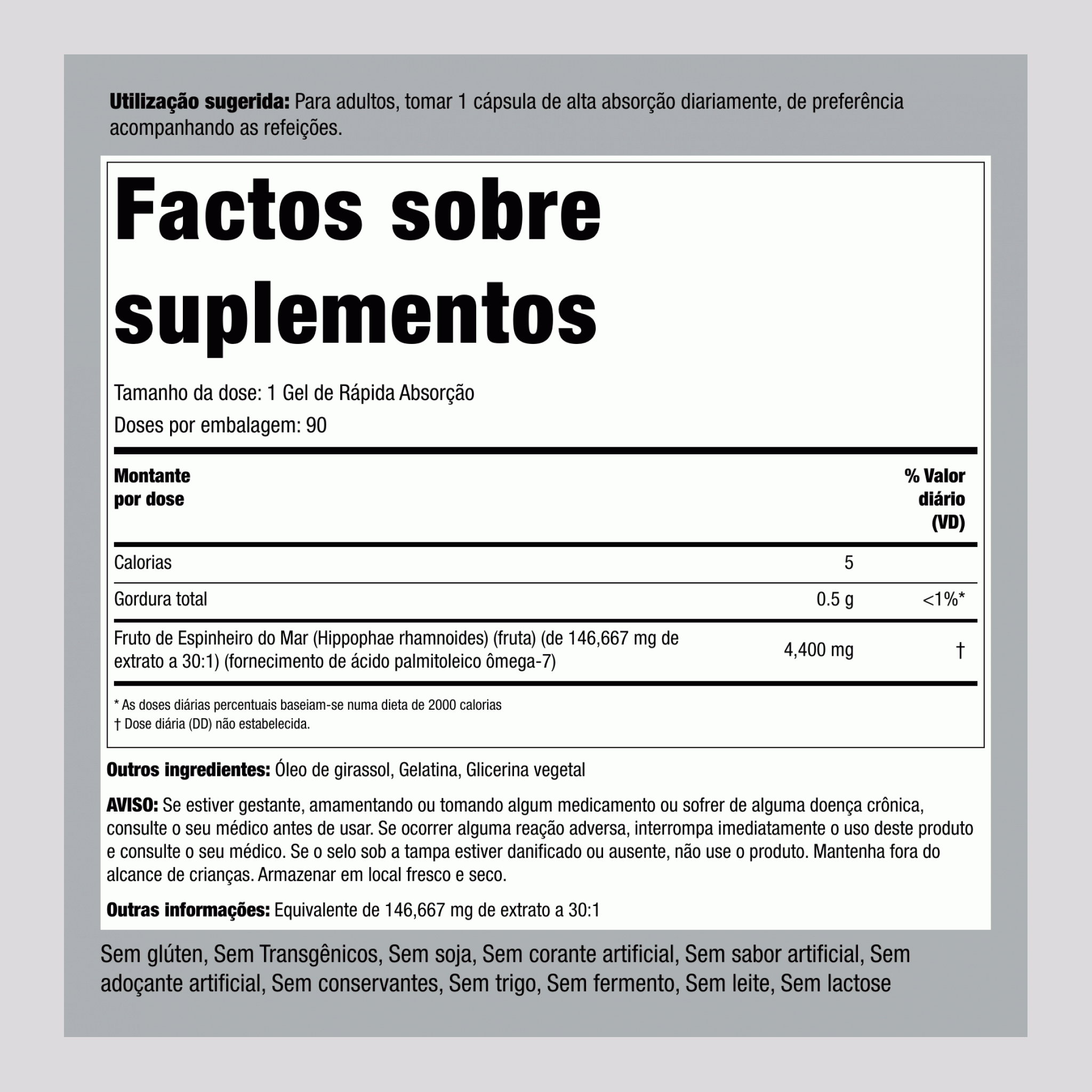 Óleo de baga de espinheiro marítimo com ómega-7 ,  4400 mg 90 Gels de Rápida Absorção 2 Frascos