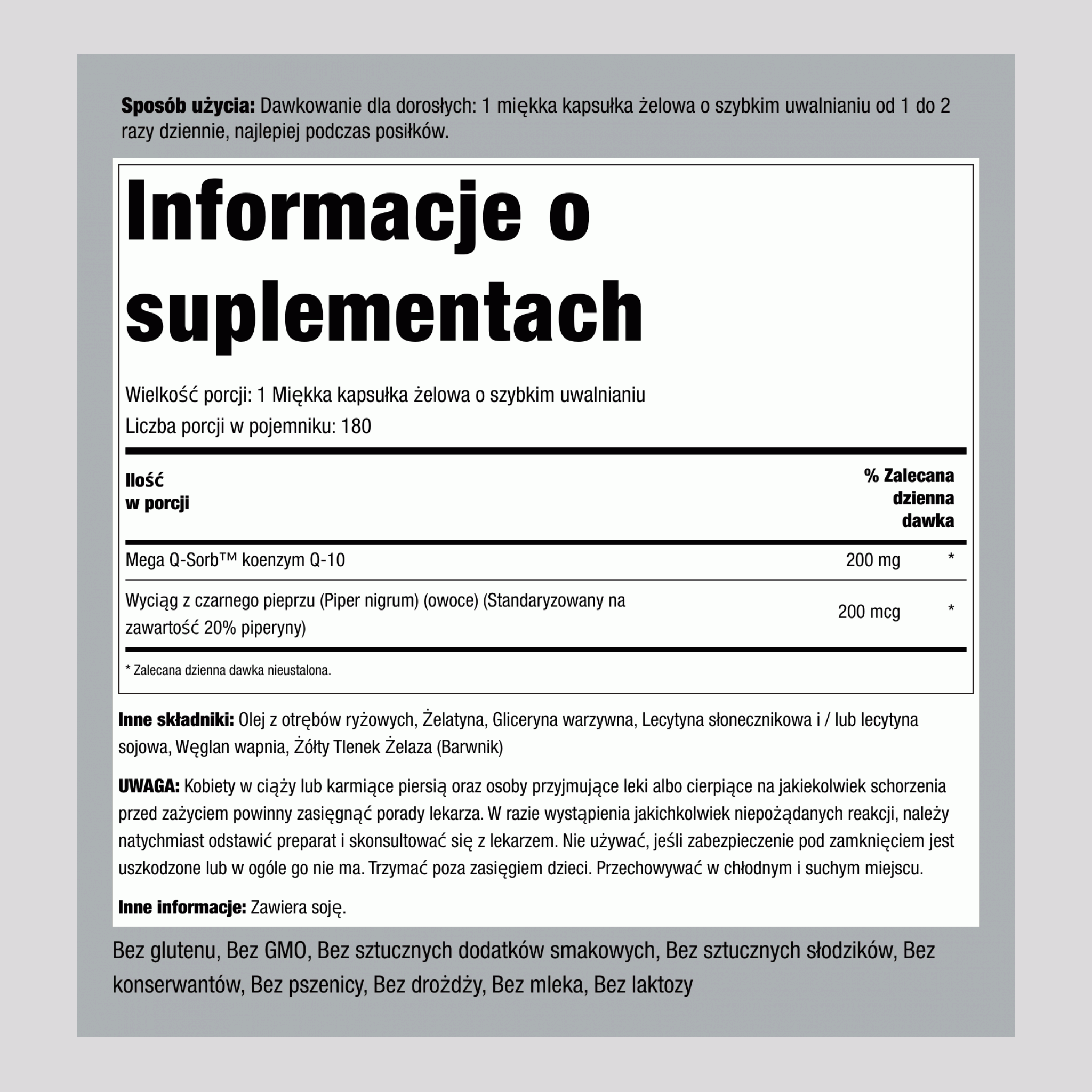 CoQ10 200 mg 180 Miękkie kapsułki żelowe o szybkim uwalnianiu     