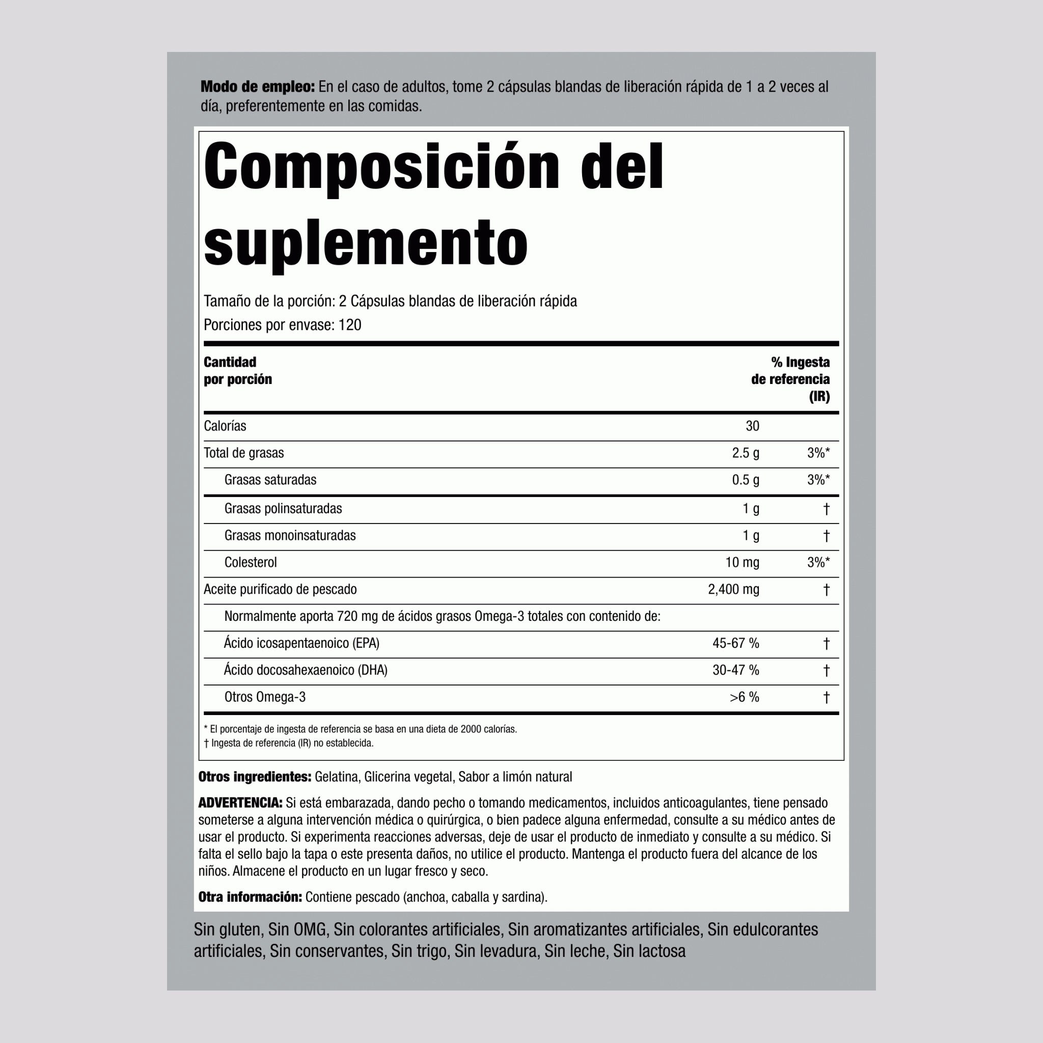 Aceite de pescado omega-3 sabor limón 1200 mg 240 Cápsulas blandas de liberación rápida     