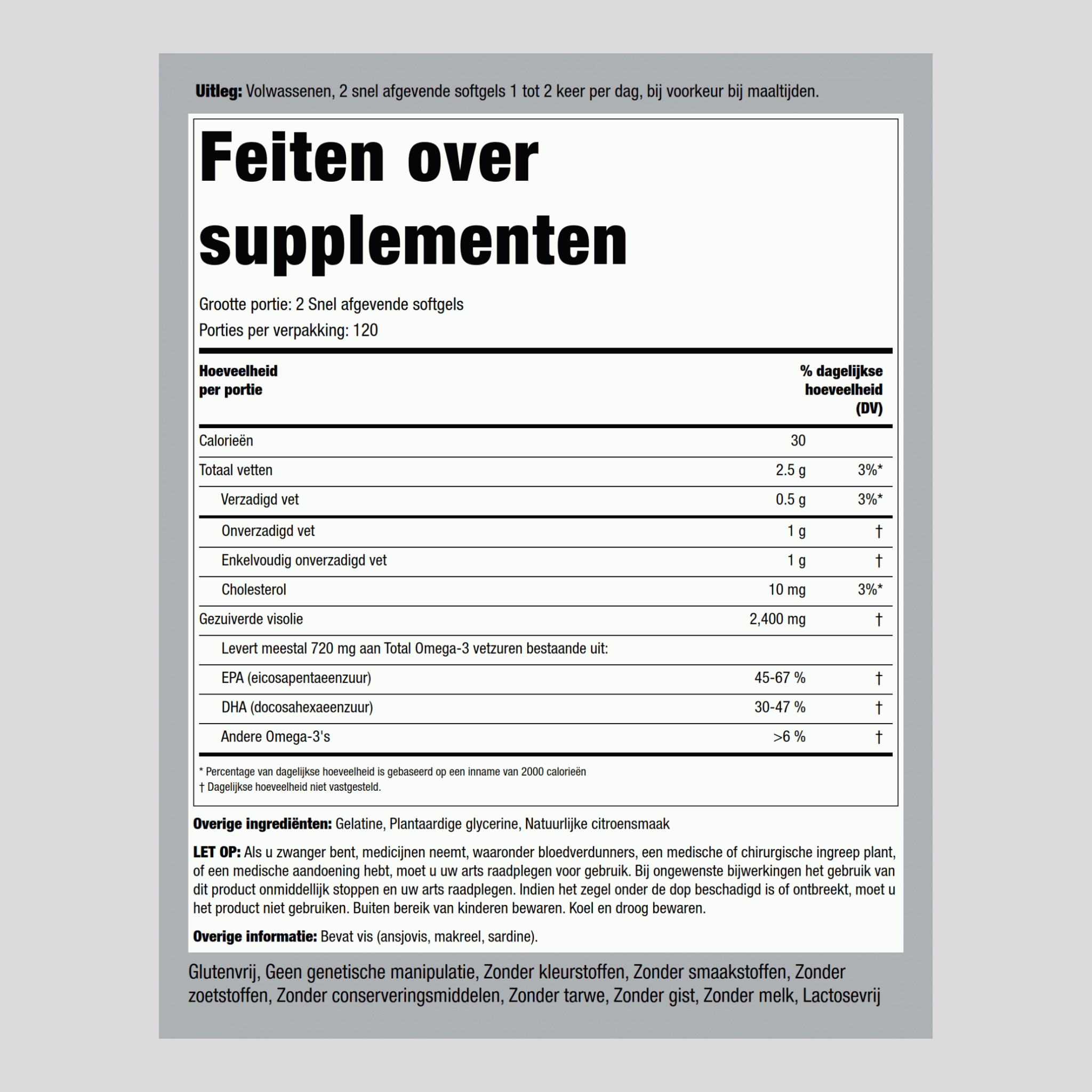 Omega-3 visolie (natuurlijk citroen) 1200 mg 240 Snel afgevende softgels    