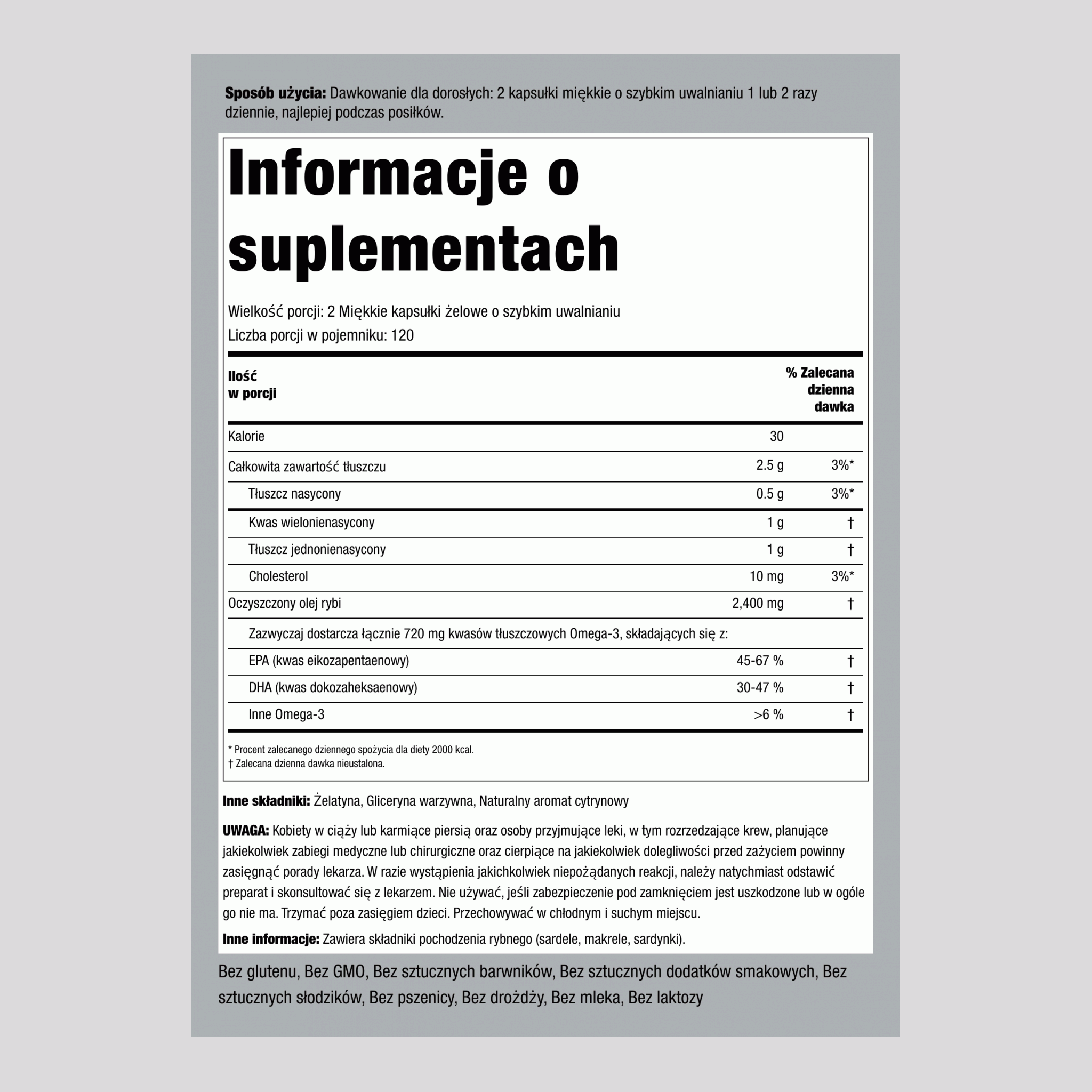 Omega-3 Olej Rybny (naturalna cytryna) 1200 mg 240 Miękkie kapsułki żelowe o szybkim uwalnianiu    