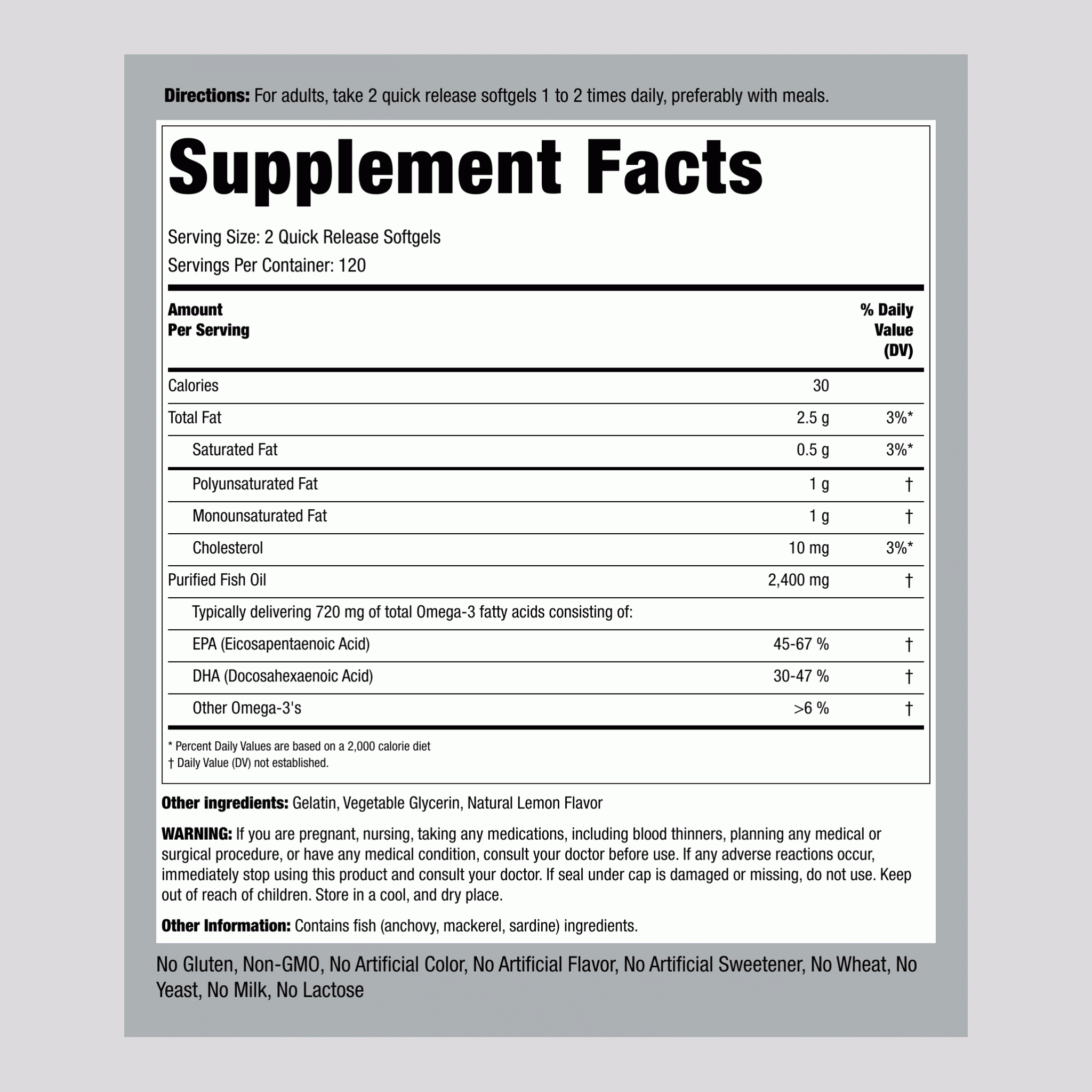 Omega-3 魚油（天然檸檬味） 1200 mg 240 快速釋放軟膠囊    
