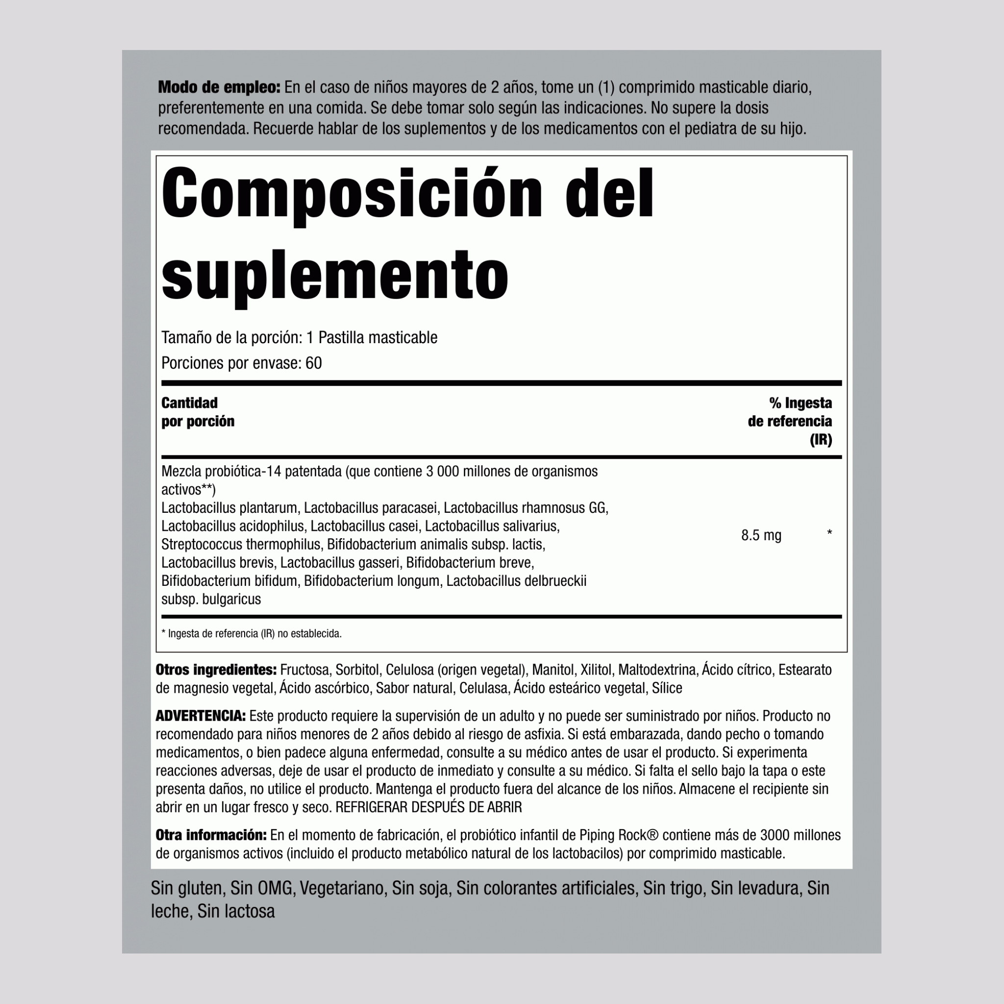 Probióticos para Niños 14 Cepas 3 Mil Millones de Organismos, 60 Comprimidos Masticables