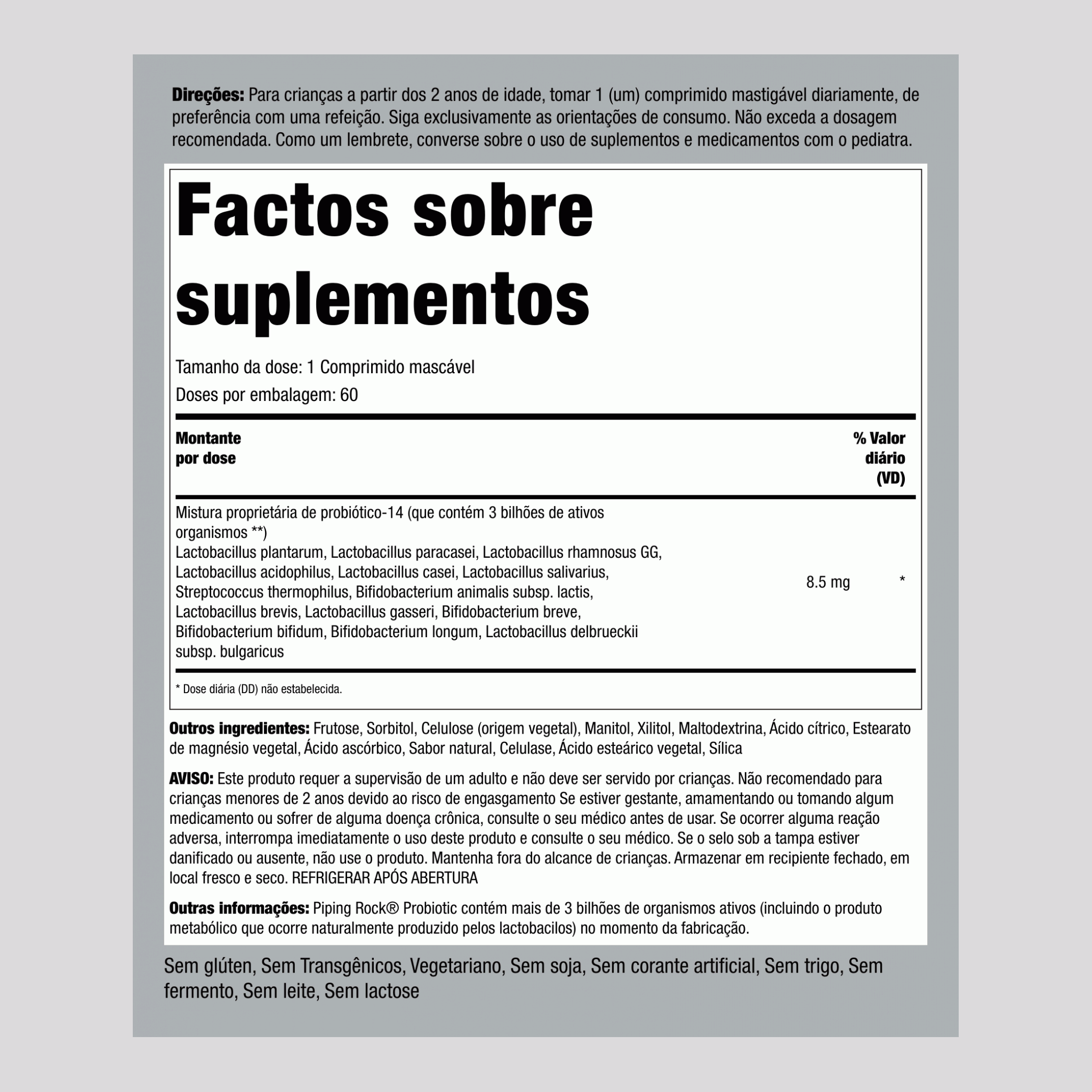 Probiótico Infantil 14 Cepas 3 Bilhões de Organismos, 60 Comprimidos Mastigáveis