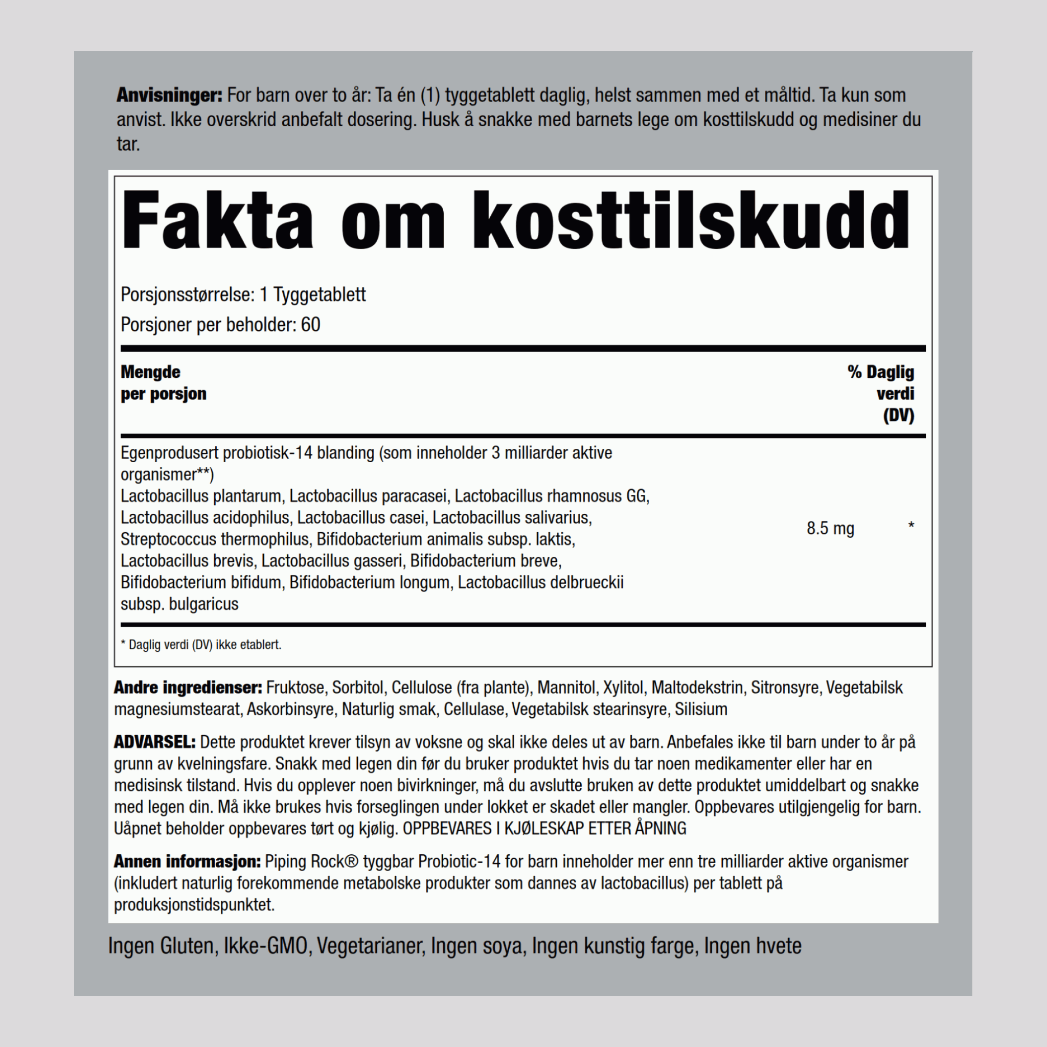 Probiotika for barn, 14 stammer, 3 milliarder organismer (naturlig bær) 60 Tabletter som kan tygges       