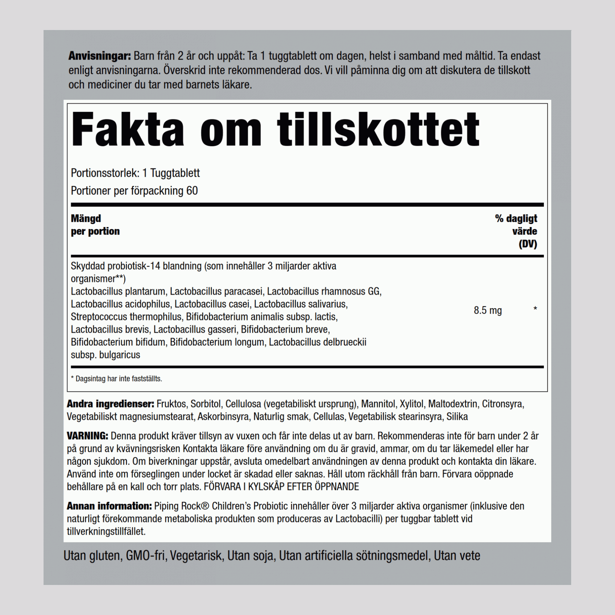 Probiotika för barn, 14 strängar, 3 miljarder organismer (naturlig bärsmak) 60 Tuggtabletter       