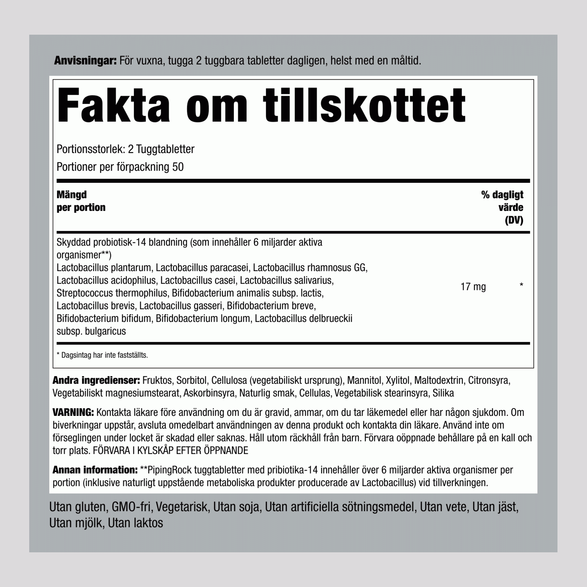 Tuggbara Probiotiska 14 Stammar 6 Miljarder Organismer (Bär) 100 Tuggtabletter      