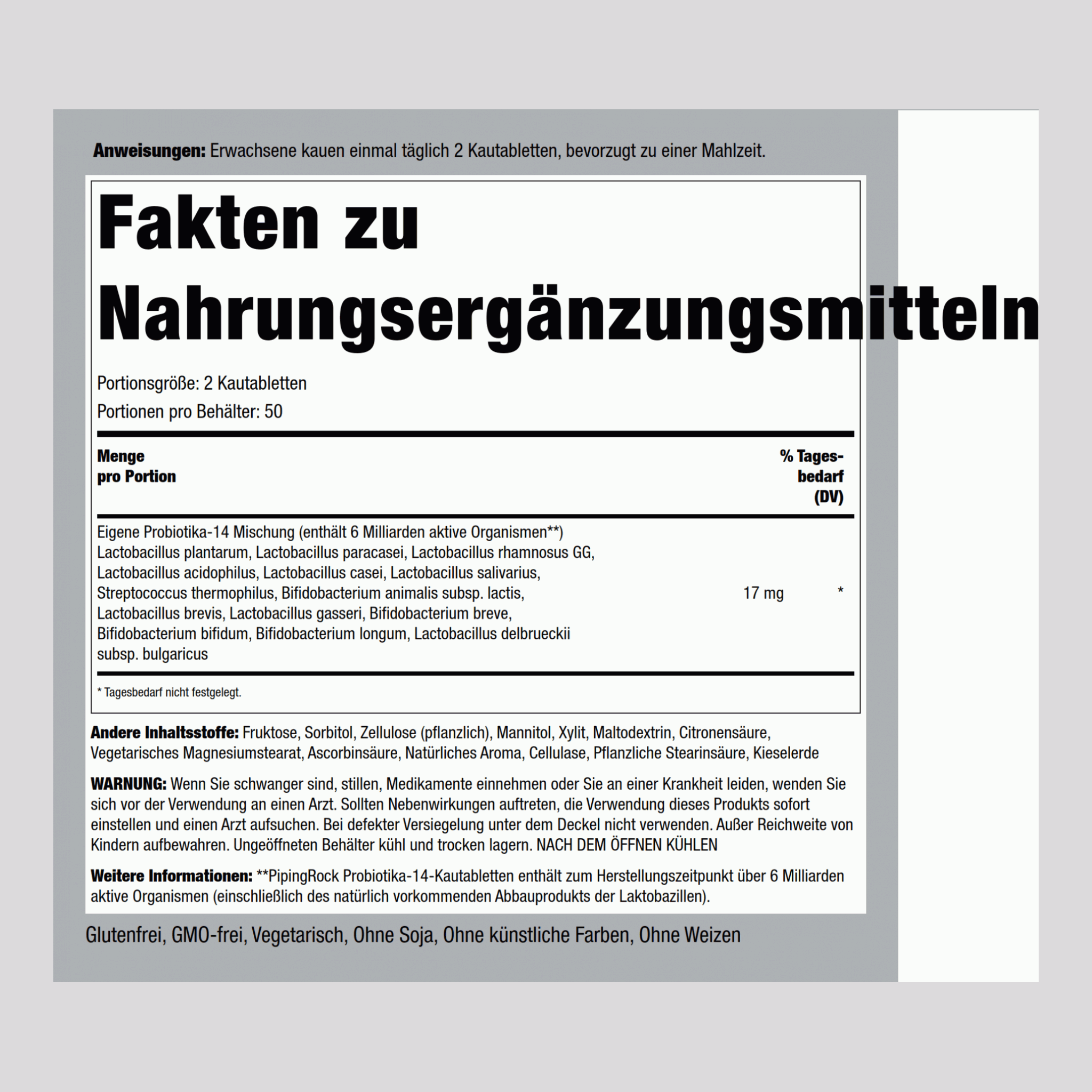 Probiotika-Kautabletten mit 14 Stämmen und 6 Milliarden Organismen (natürliche Beere) 100 Kautabletten       