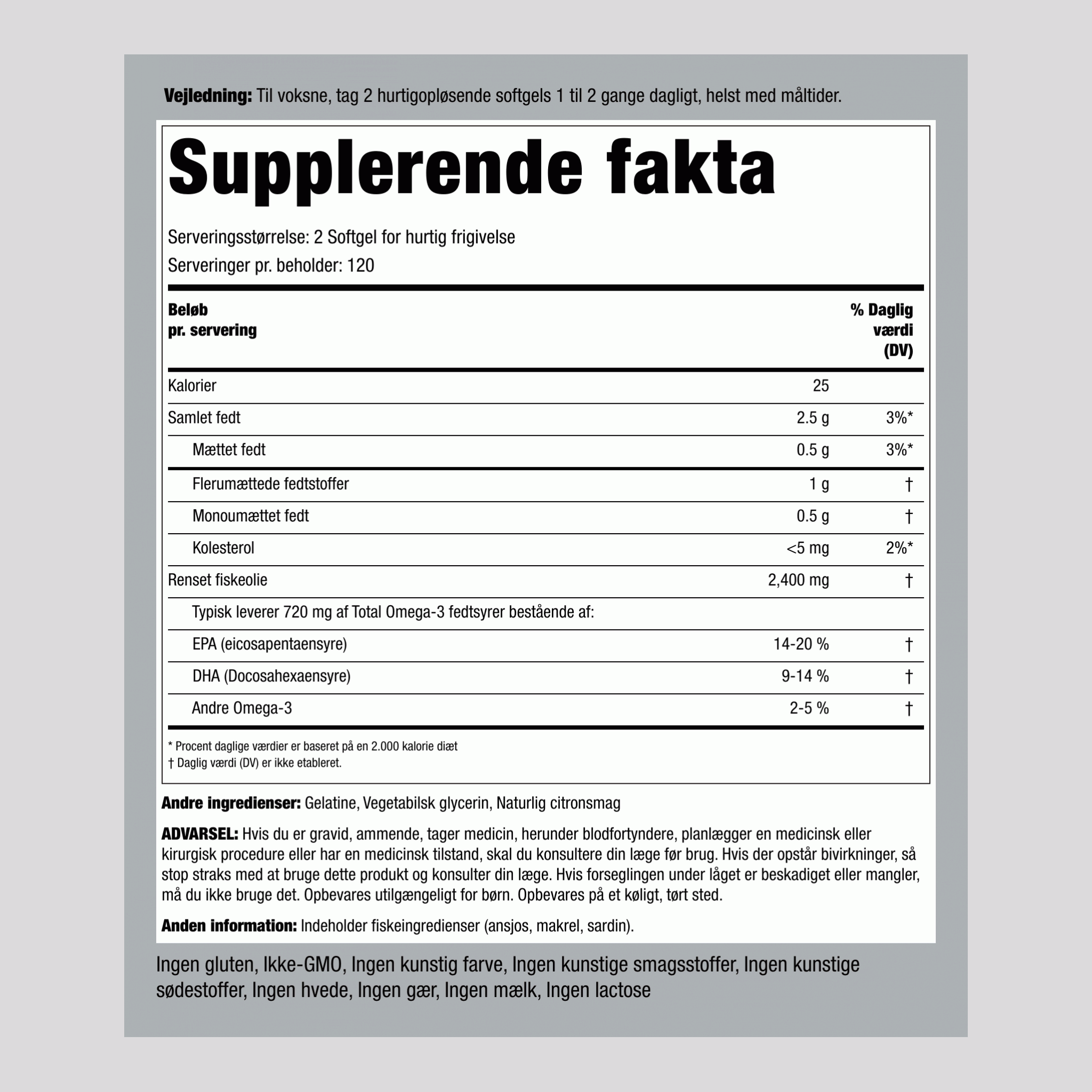 Omega-3 fiskeolie (naturlig citron) 1200 mg 240 Softgel for hurtig frigivelse 2 Flasker   