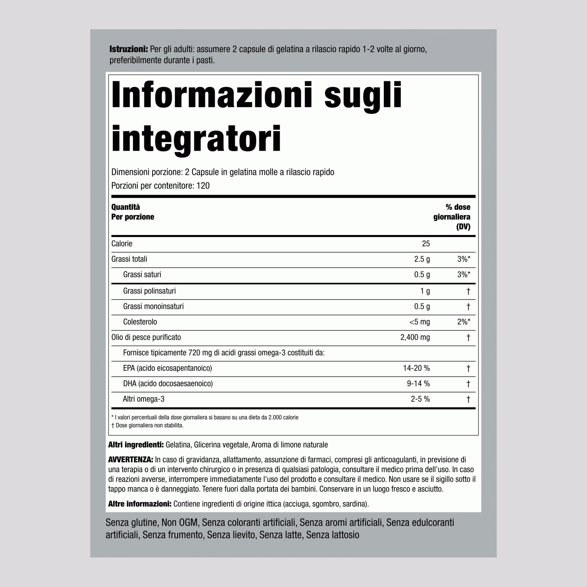 Olio di pesce Omega-3 (limone naturale) 1200 mg 240 Capsule in gelatina molle a rilascio rapido 2 Bottiglie   