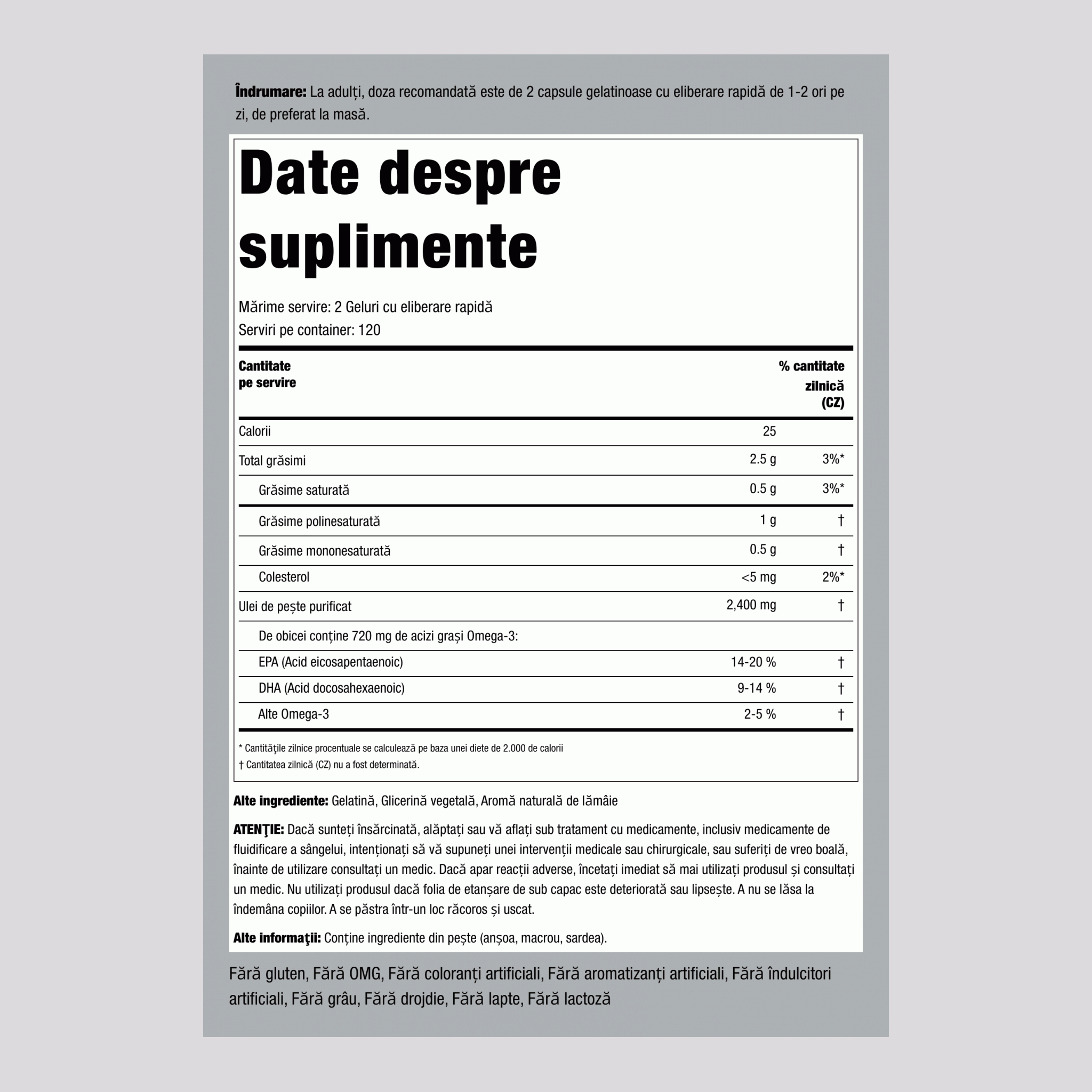 Ulei de pește Omega-3 (lămâie naturală) 1200 mg 240 Geluri cu eliberare rapidă 2 Sticle   