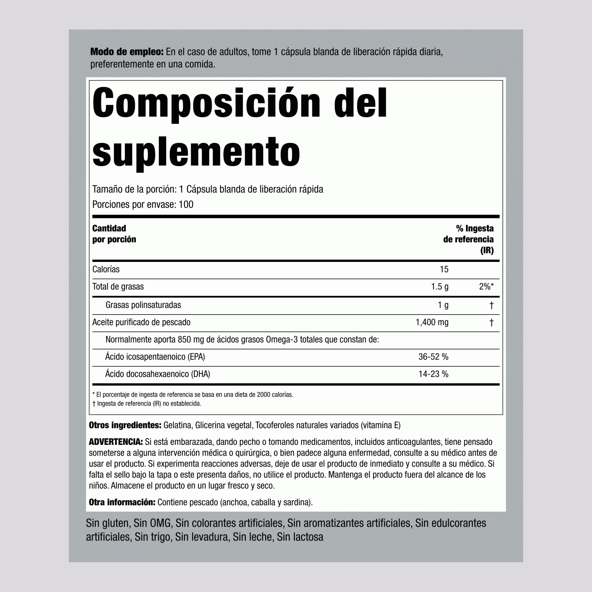 Aceite de pescado Omega-3 de triple concentración 1360 mg(900 mg de omega-3 activo) 100 Cápsulas blandas de liberación rápida       