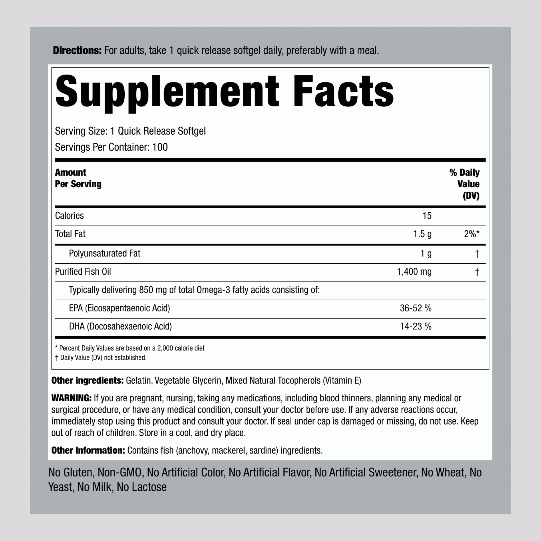 三倍強化 ω-3 魚油軟膠囊1360毫克 100 快速釋放軟膠囊       