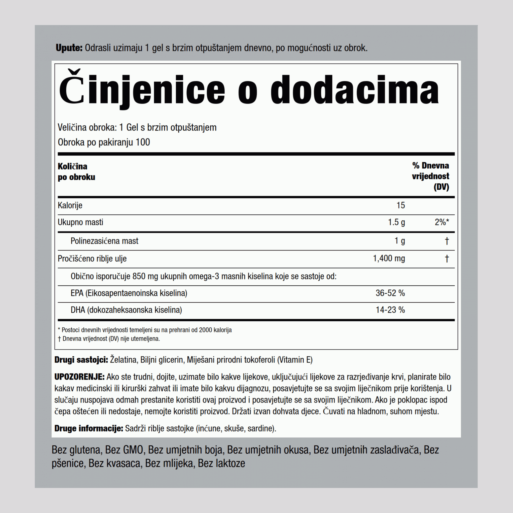 Omega-3 riblje ulje Triple Strength 1360 mg (900 mg aktivne Omega-3) 100 Gelovi s brzim otpuštanjem       